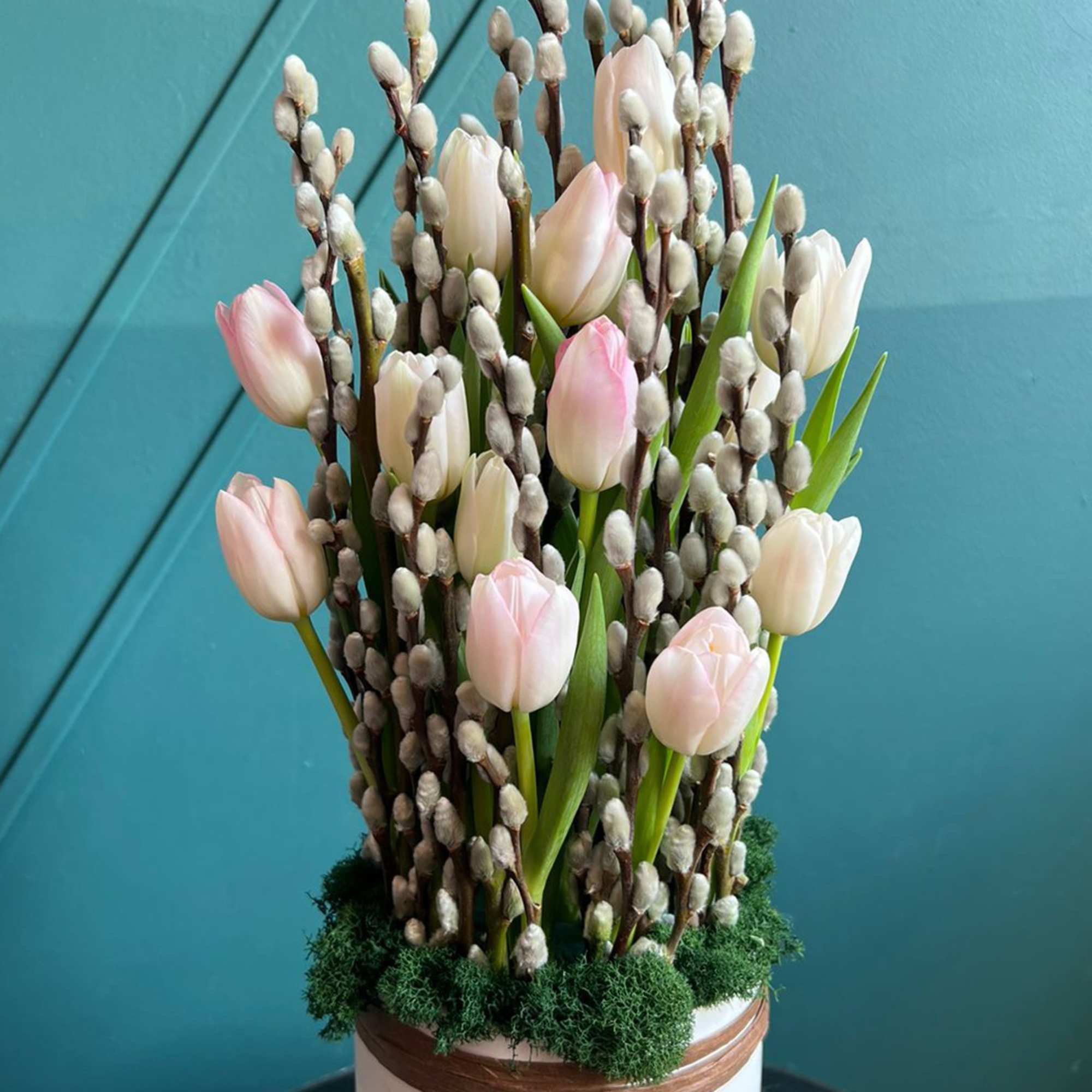 Beautiful arrangement with pussy willow and tulips  ( 20 pink tulips)