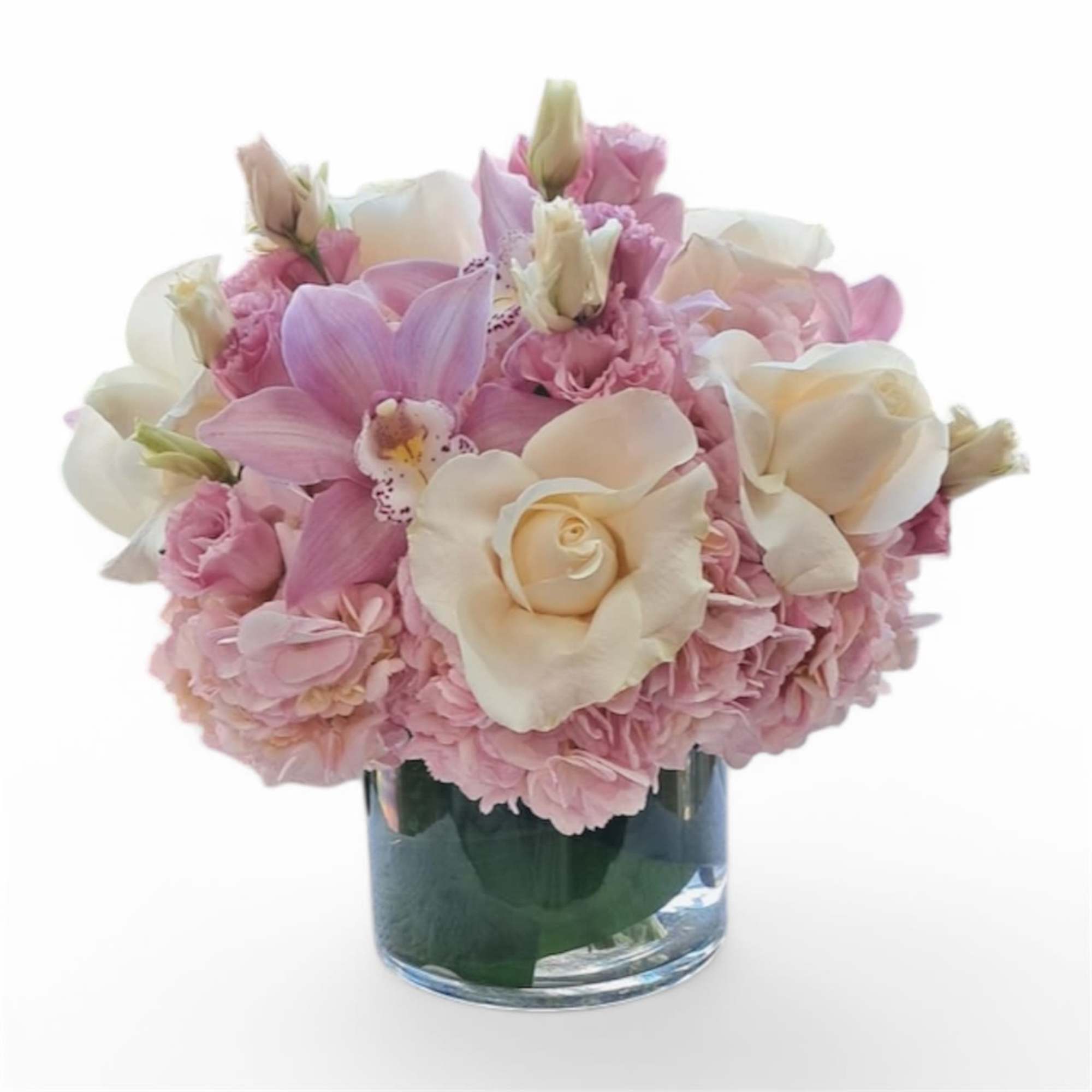 This wonderful arrangement is made up of pink hydrangeas, lisianthus, cymbidium orchids