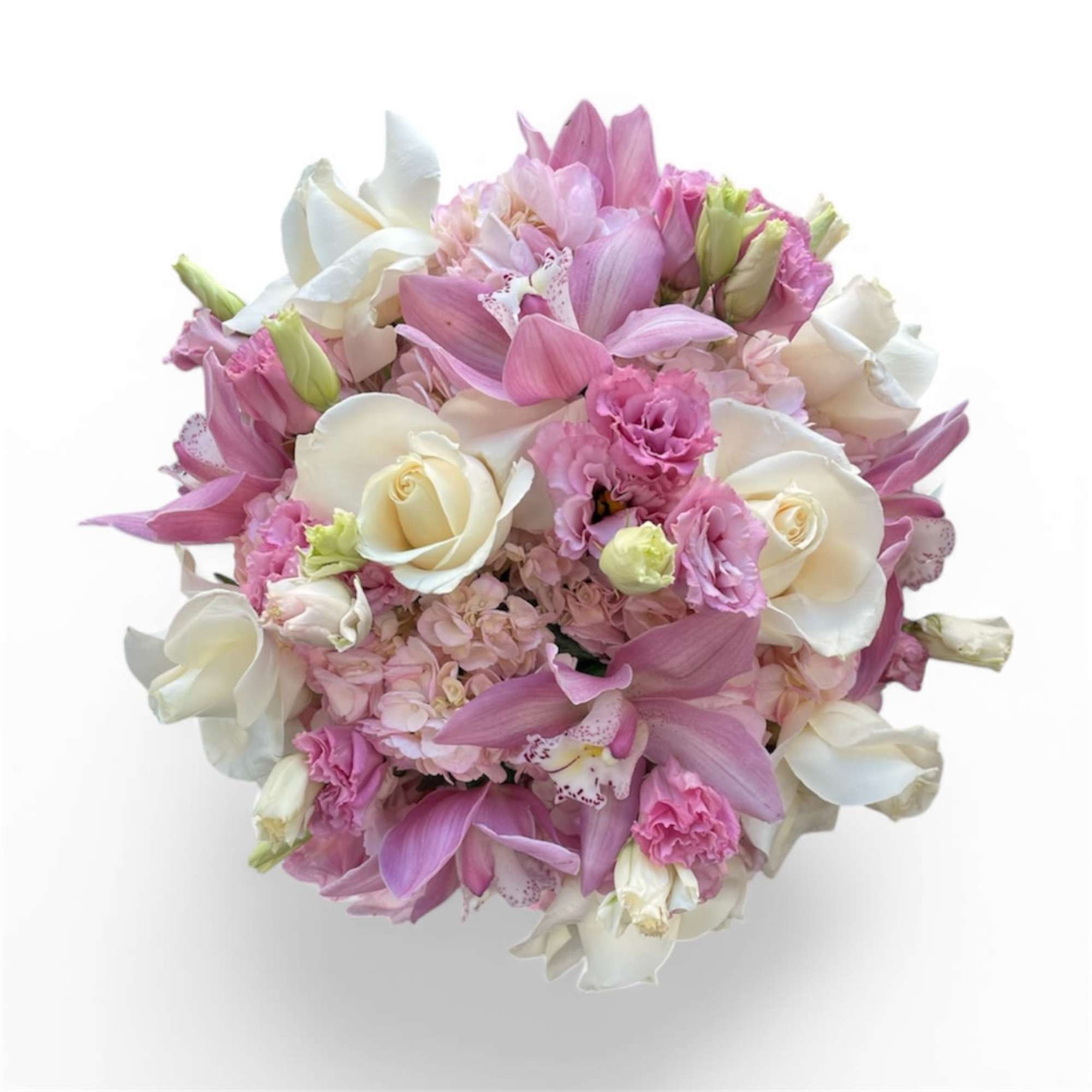 This wonderful arrangement is made up of pink hydrangeas, lisianthus, cymbidium orchids