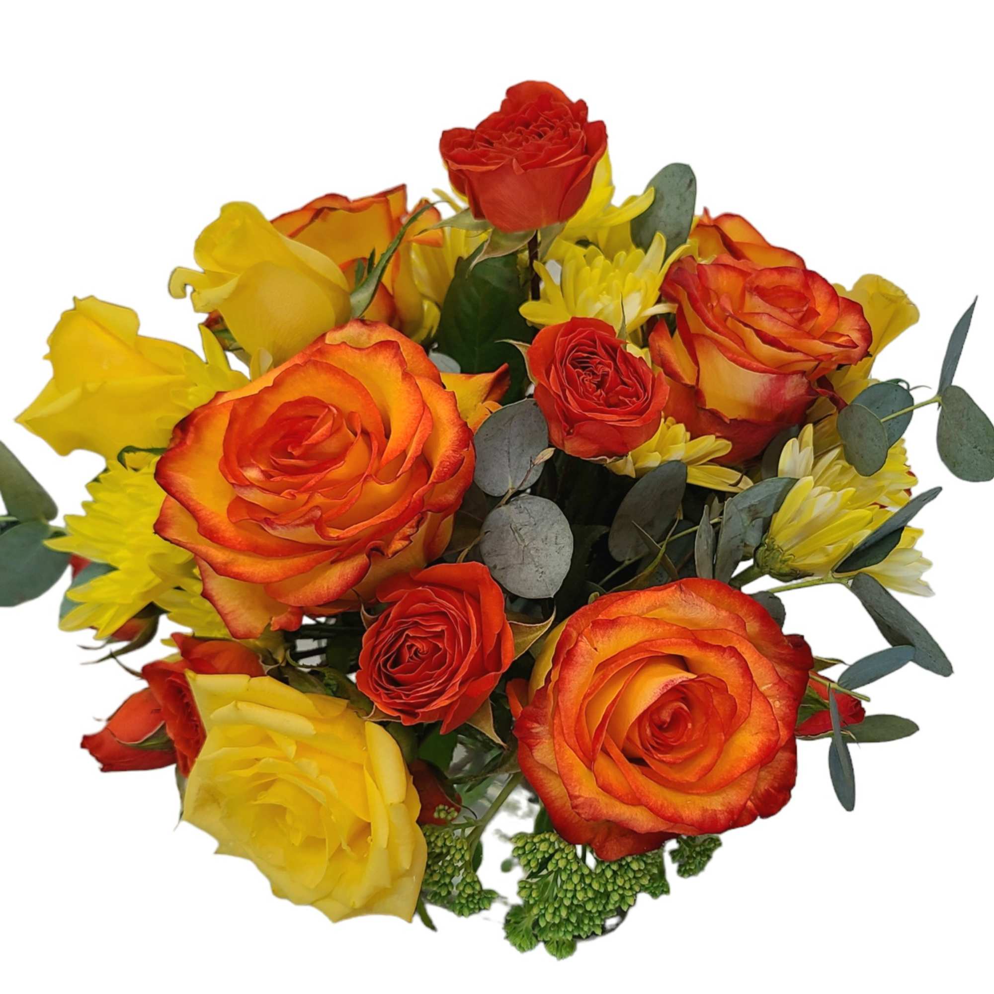 Yellow and orange roses come together for a fun and fresh arrangement.