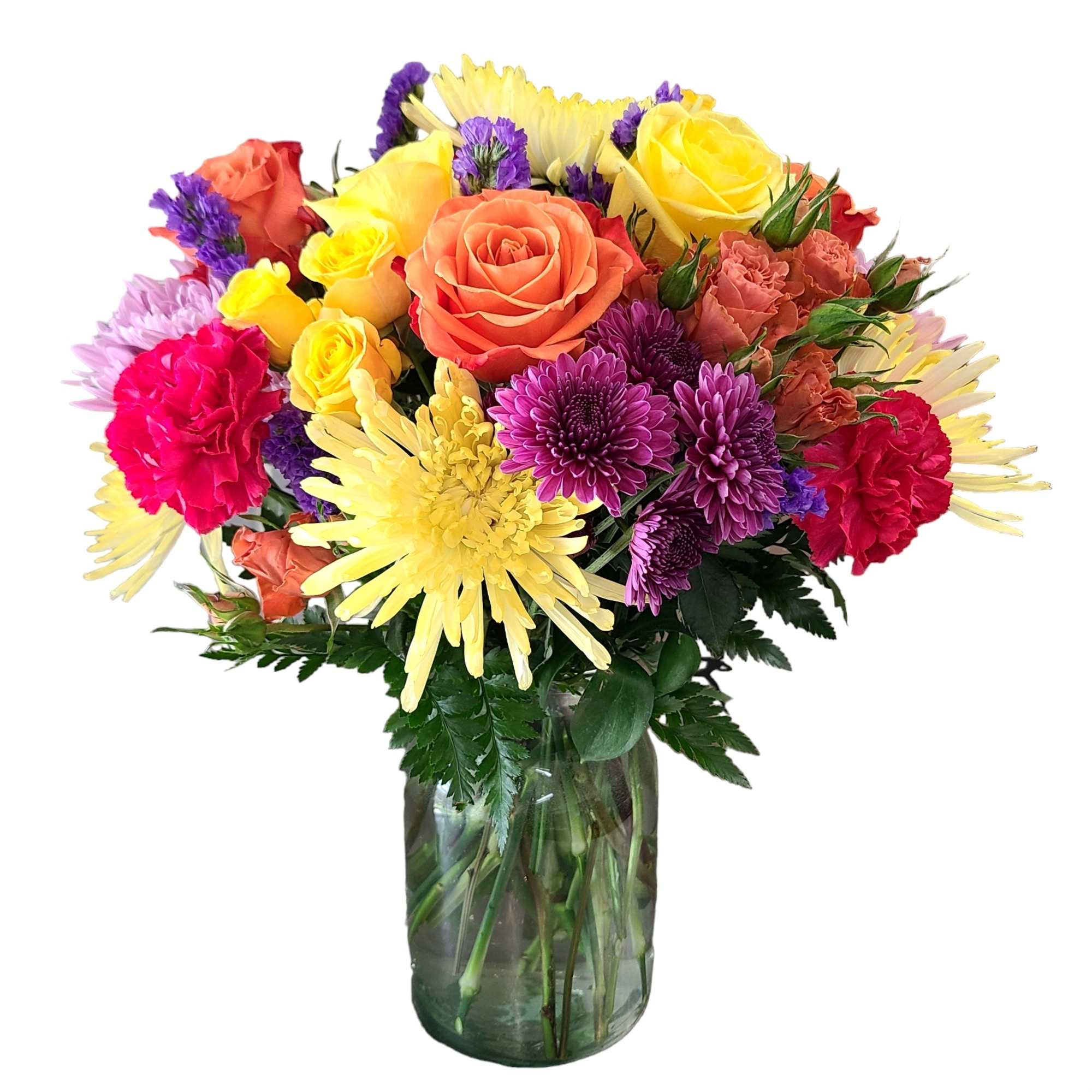 Orange,  purple, yellow and hot pink. Lots of blooms in this