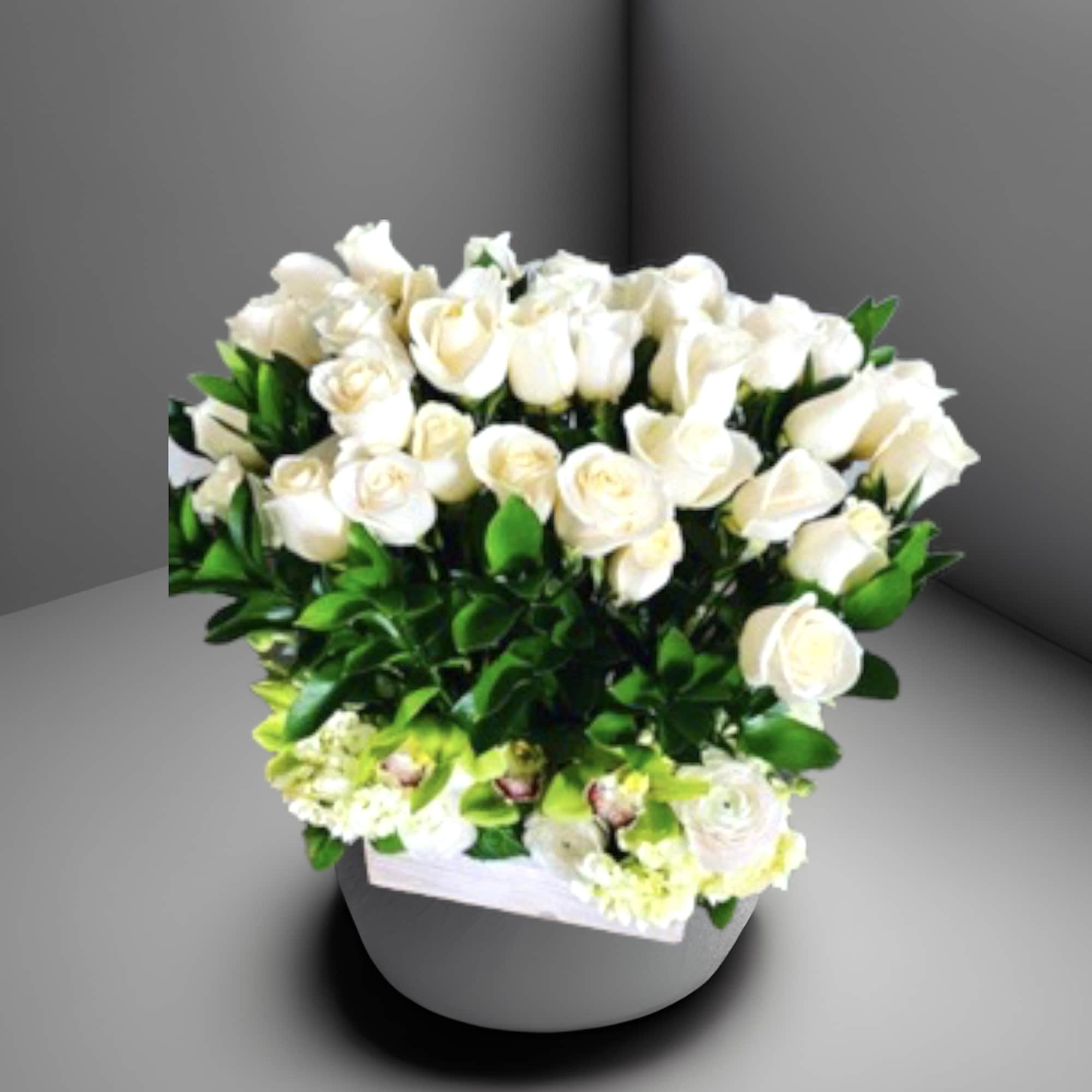 Four dozen white roses in a birch wood box with hydrangea, orchids