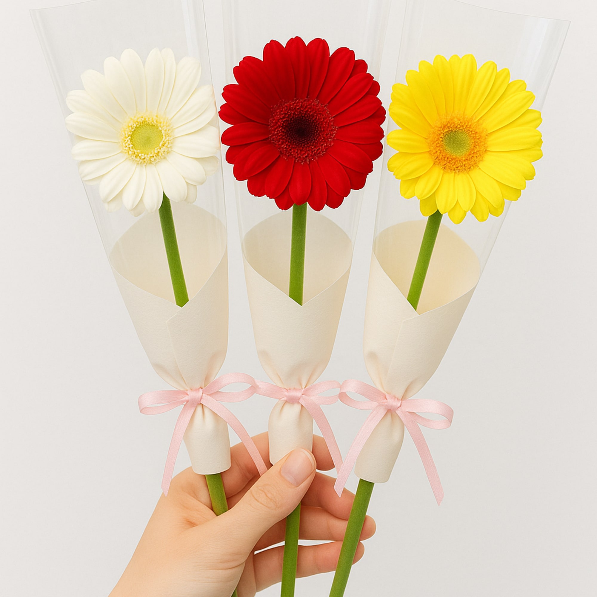 A single-stem Gerbera, wrapped in soft white paper and tied with a