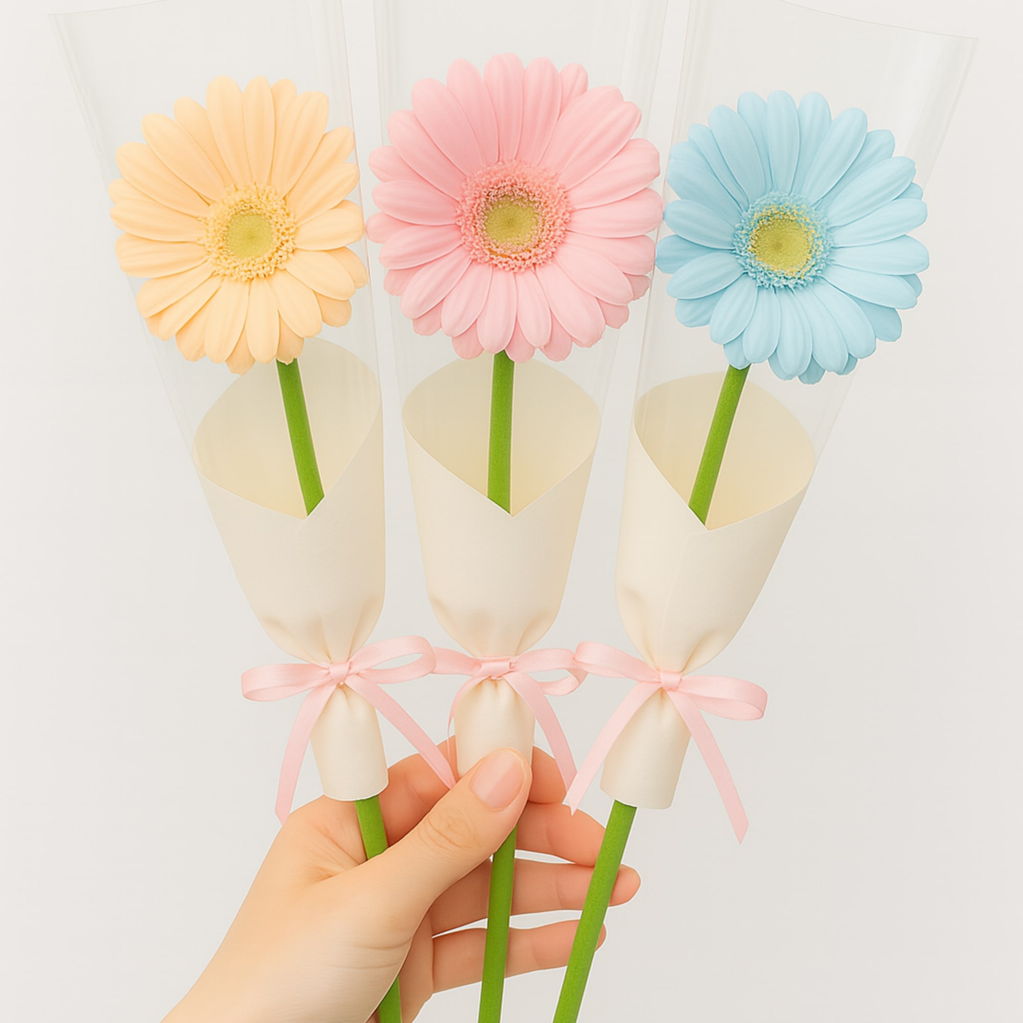 A single-stem Gerbera, wrapped in soft white paper and tied with a