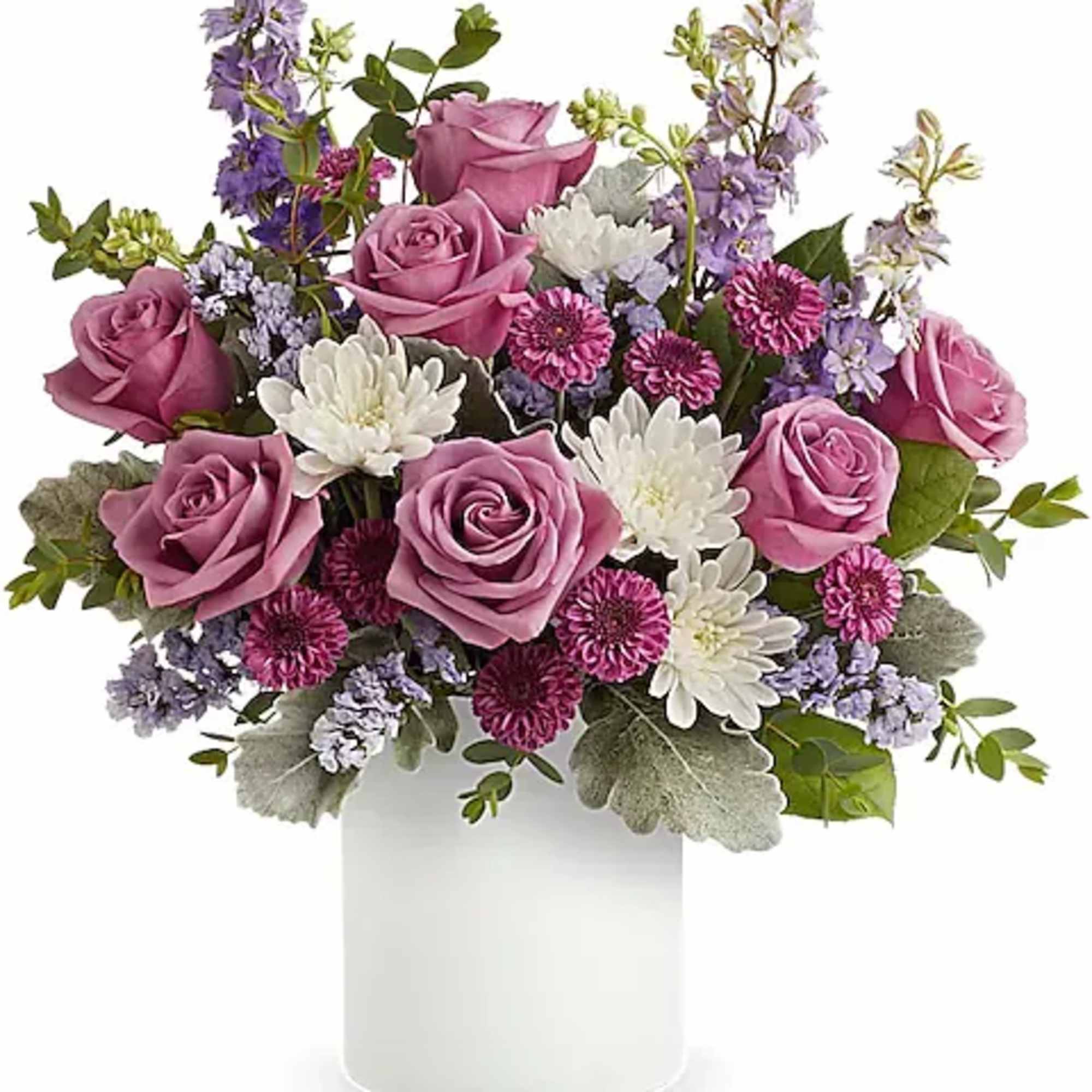 Gathered in a fun, frosted glass jar, this playful purple bouquet adds