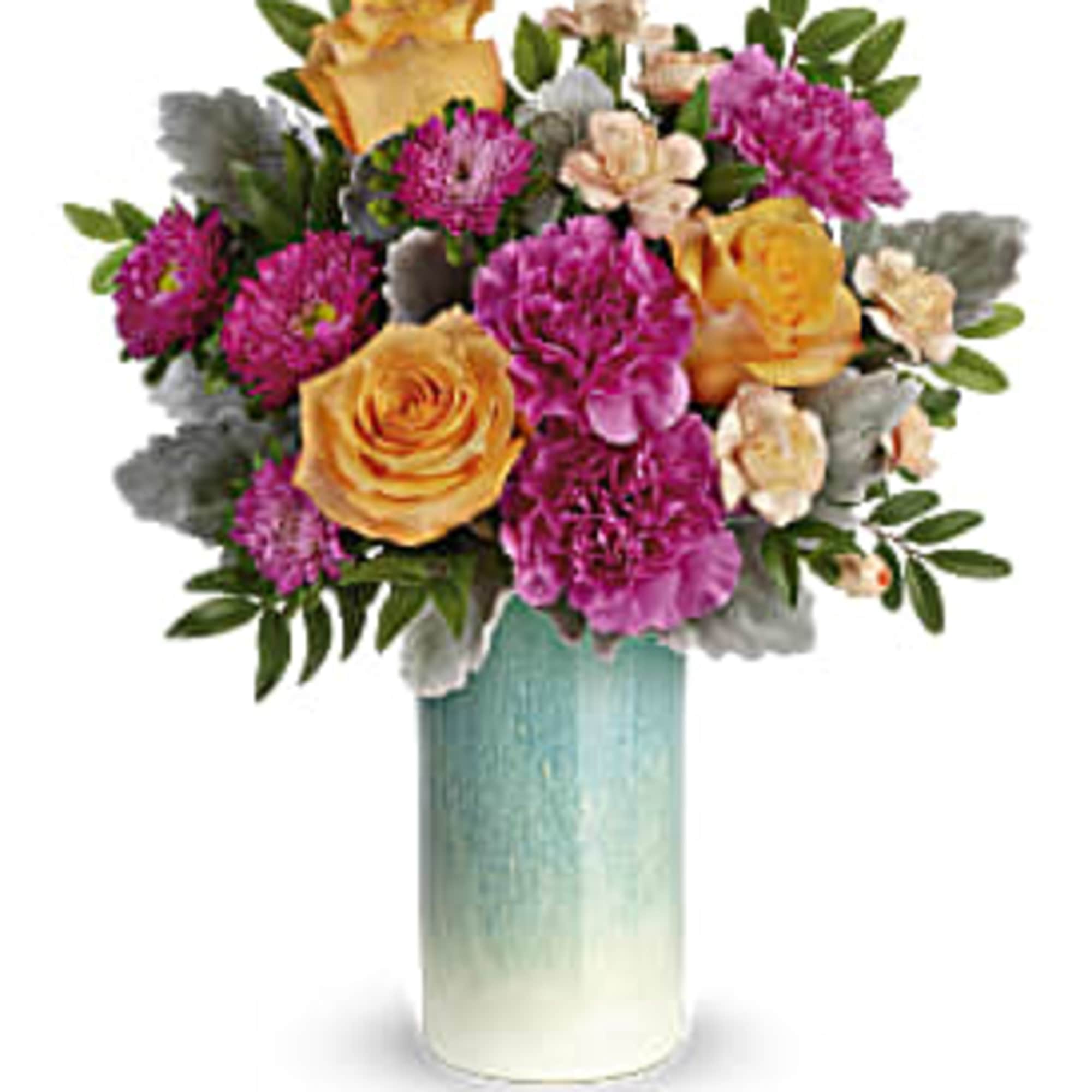 HOT PINK, ORANGE, CREME AND GREEN FLOWERS IN A TALL BLUE TO