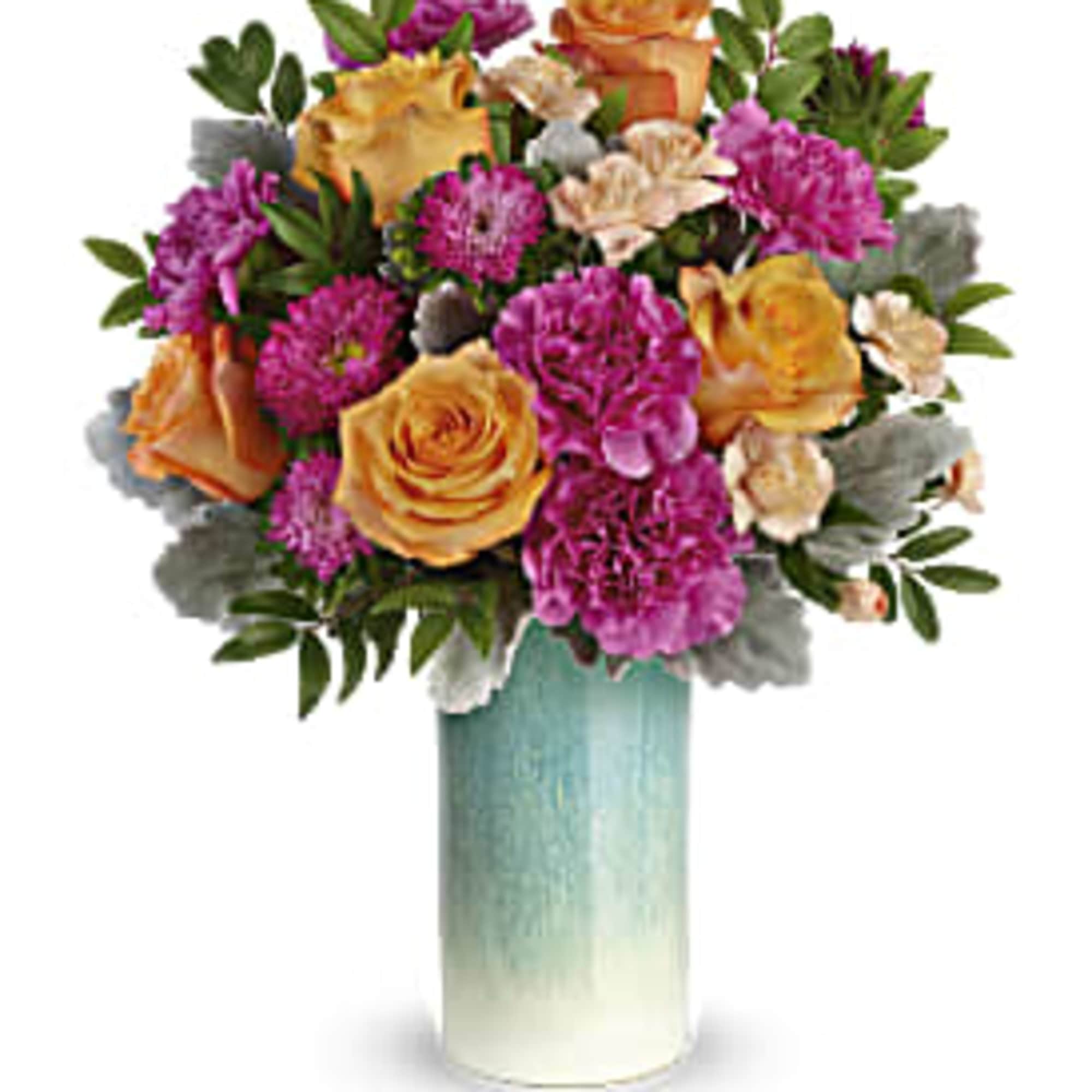 HOT PINK, ORANGE, CREME AND GREEN FLOWERS IN A TALL BLUE TO