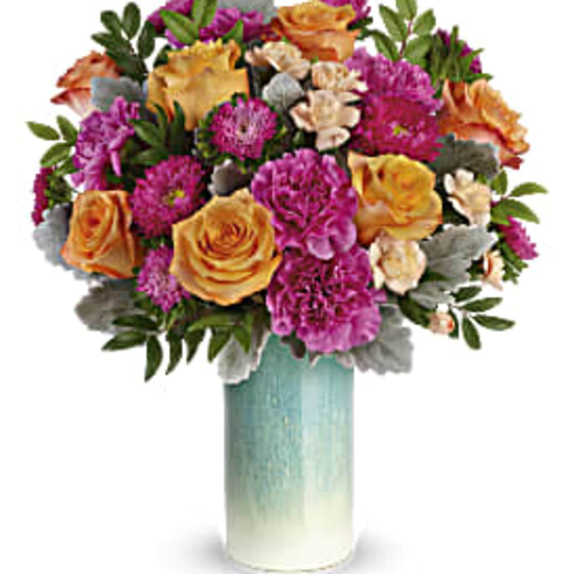 HOT PINK, ORANGE, CREME AND GREEN FLOWERS IN A TALL BLUE TO