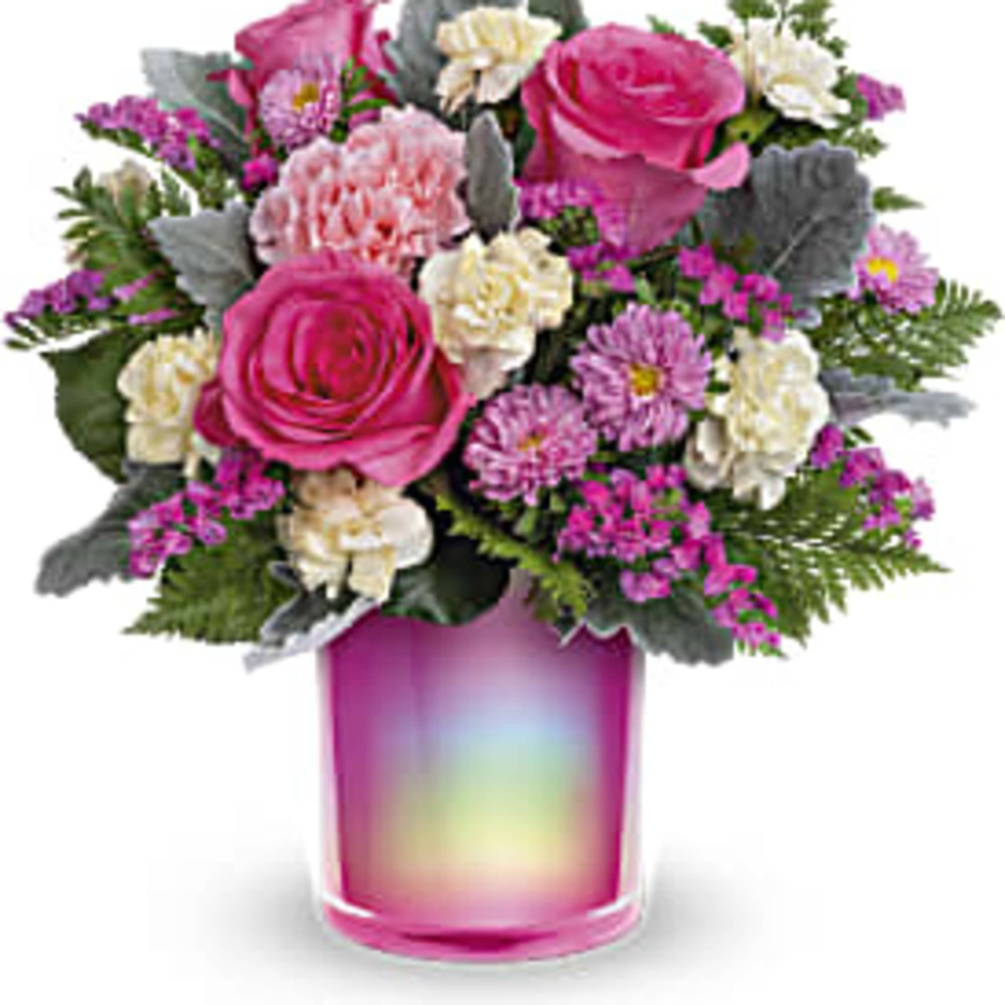 BRIGHT PINK AND CREME FLOWERS IN A COLORFUL RAINBOW CYLINDER VASE