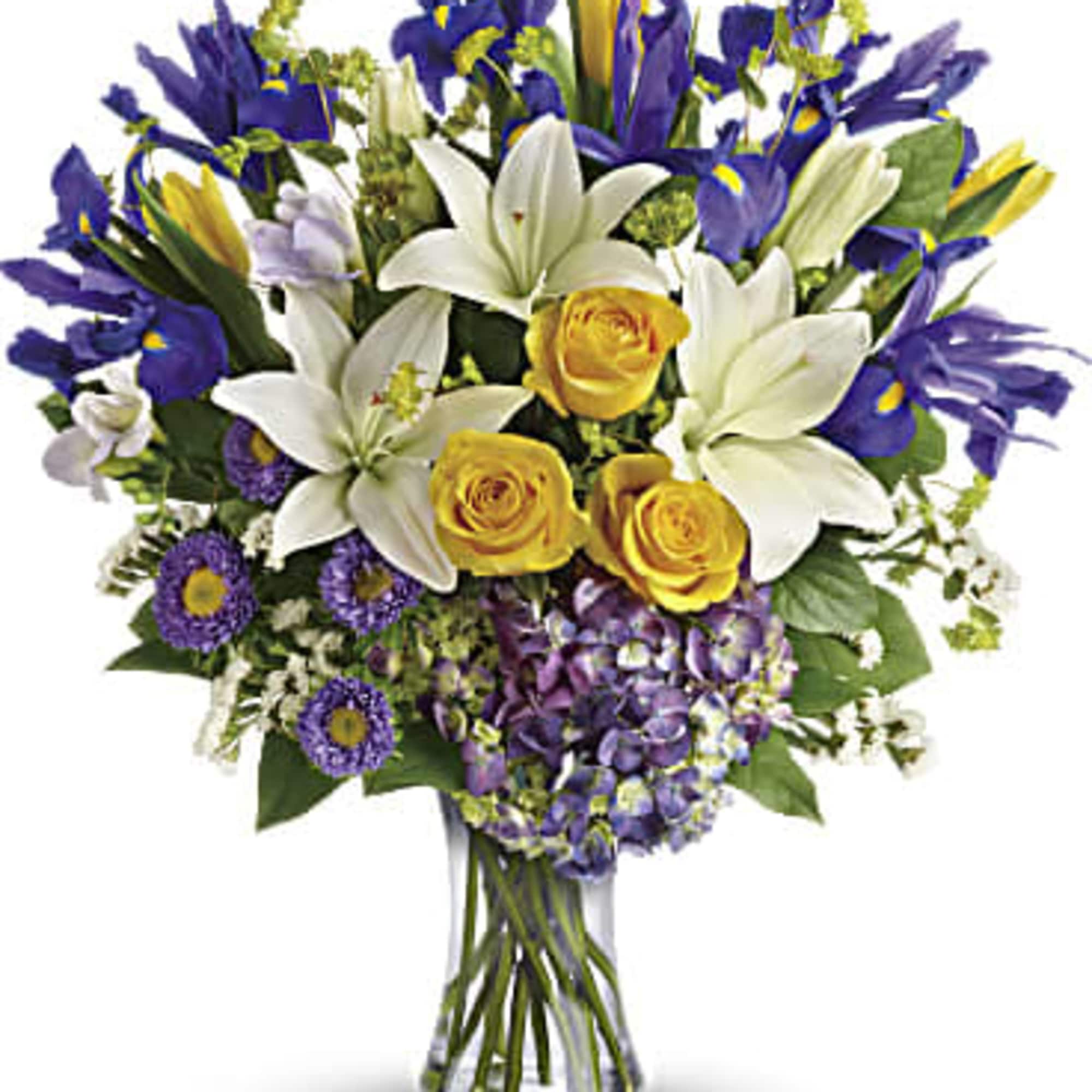 Inspired by the sky on a bright spring day, this glorious bouquet