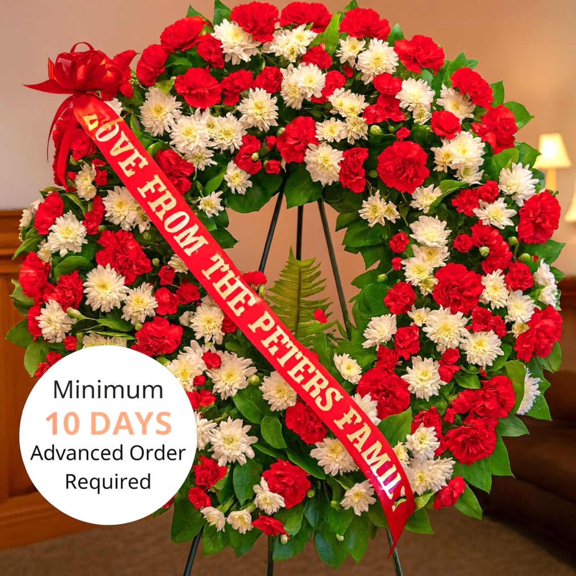 This compact, yet flower-filled wreath is perfect for any religious ceremony. Standing