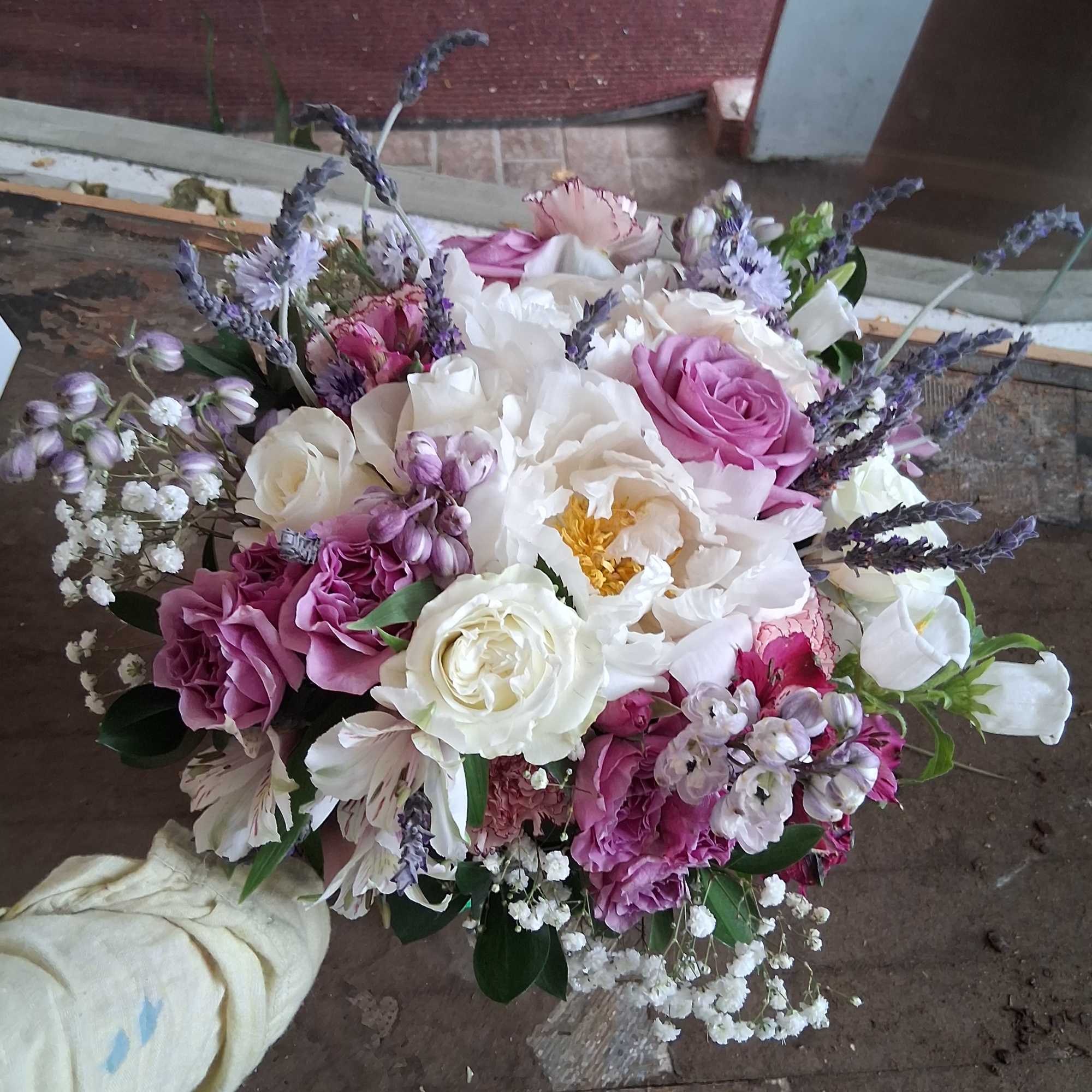 Beautiful moonlight/purple bridal vintage bouquet with white peonies, roses, alstroemeria, purple roses