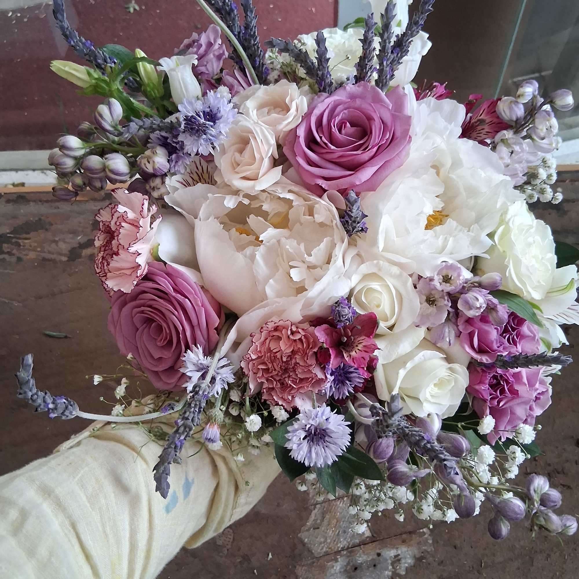 Beautiful moonlight/purple bridal vintage bouquet with white peonies, roses, alstroemeria, purple roses