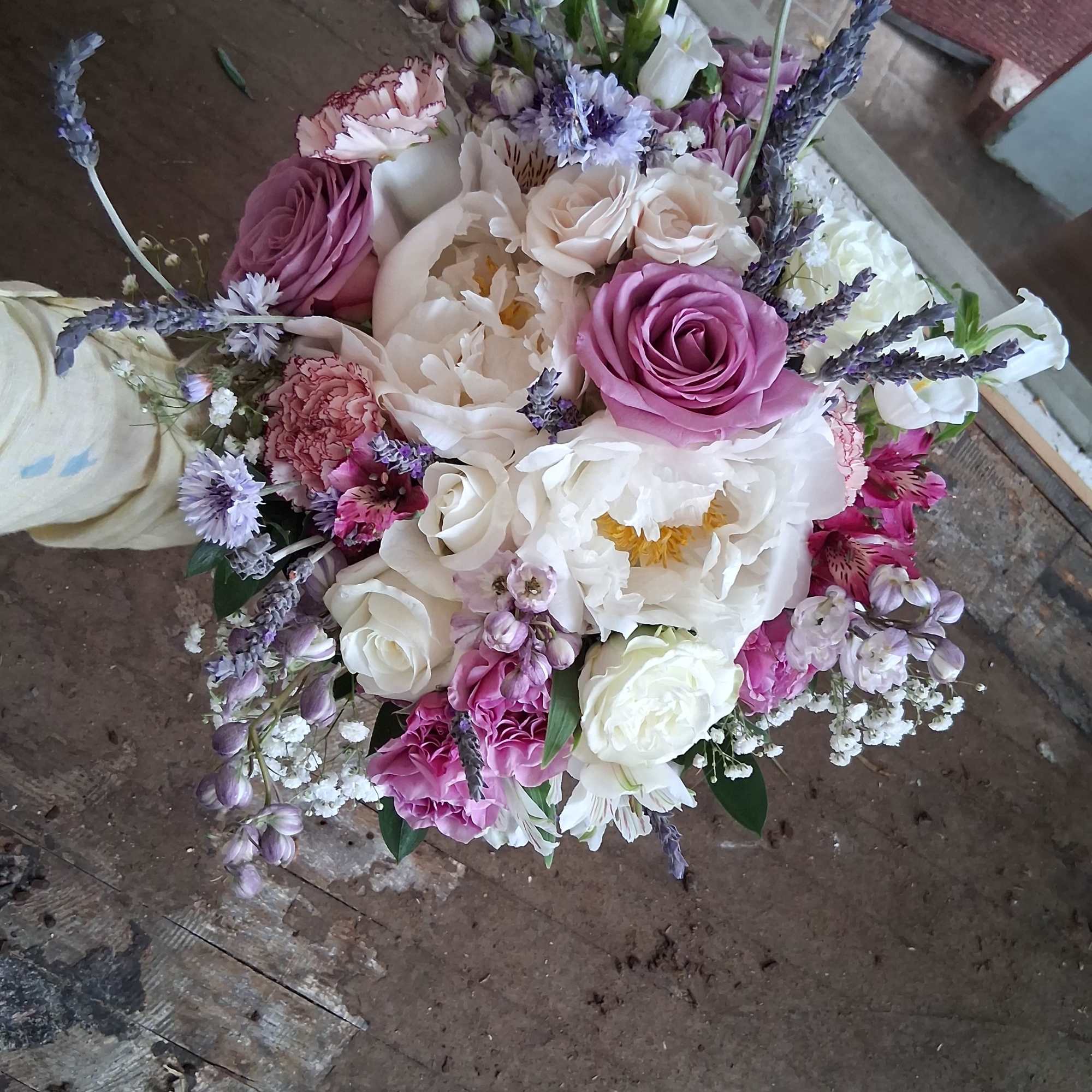 Beautiful moonlight/purple bridal vintage bouquet with white peonies, roses, alstroemeria, purple roses