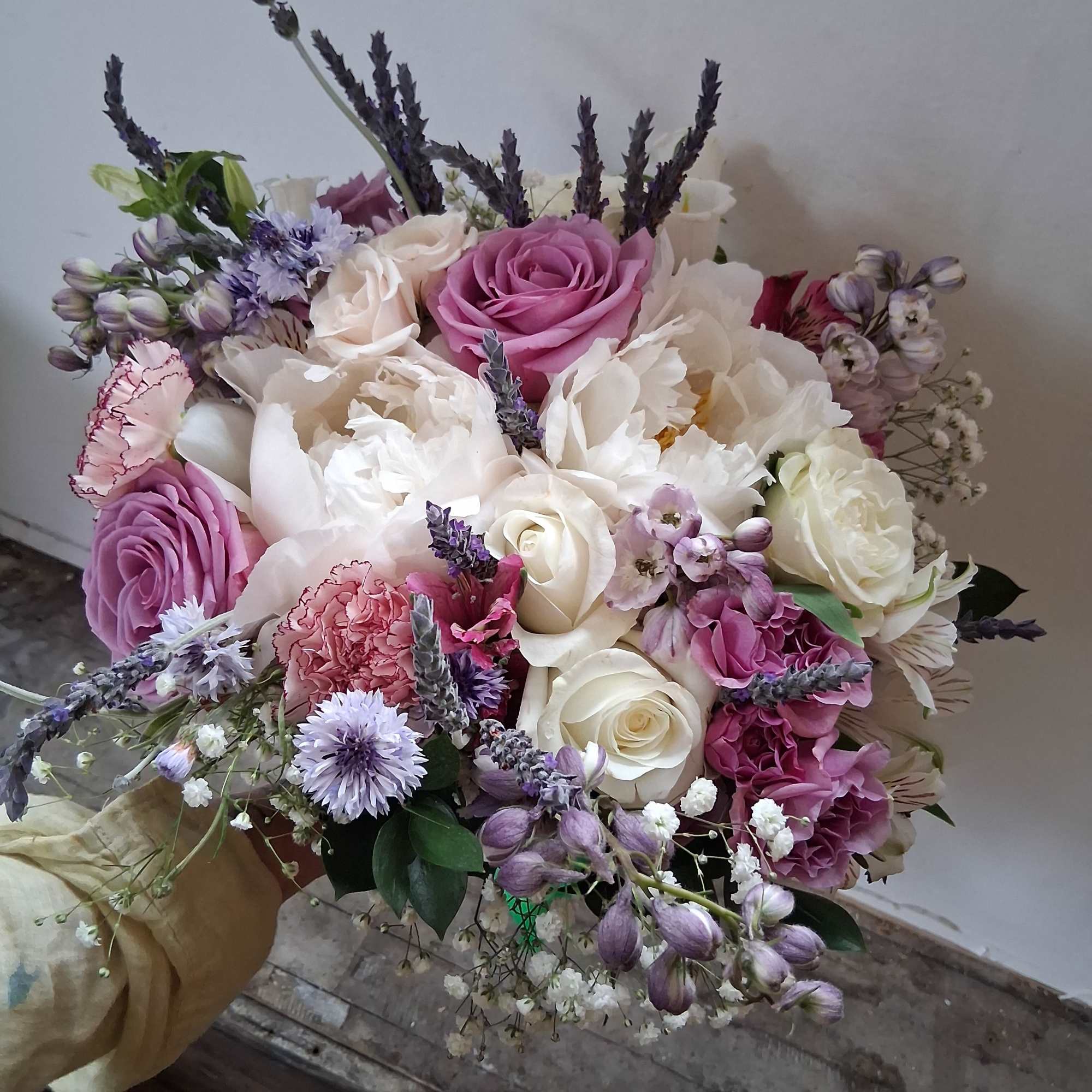 Beautiful moonlight/purple bridal vintage bouquet with white peonies, roses, alstroemeria, purple roses