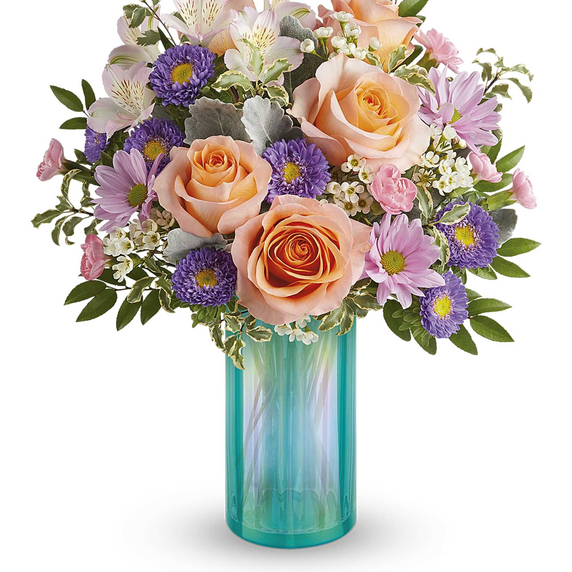 This floral arrangement features the sweetest shades of spring in one whimsical