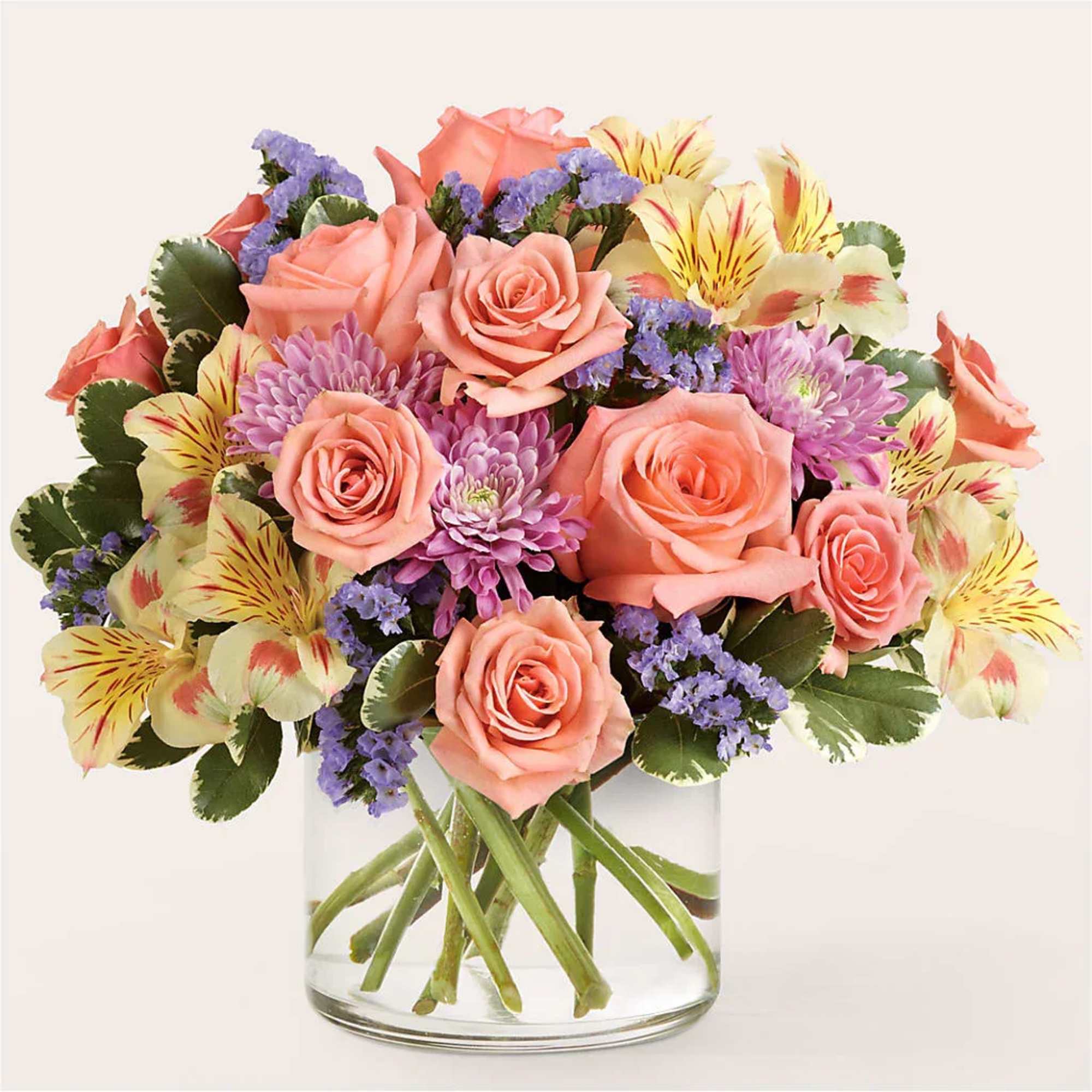 Sweeten their day with this pastel display of roses, alstroemeria, and chrysanthemums.
Details
Designed
