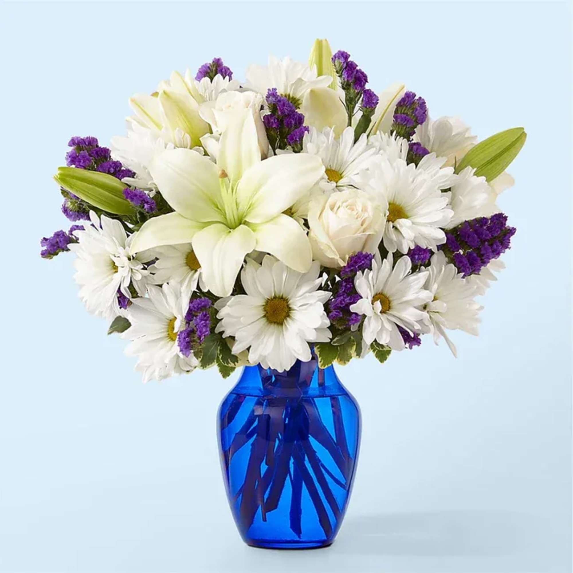 Deep purple blooms accented by creamy whites create a striking gift for
