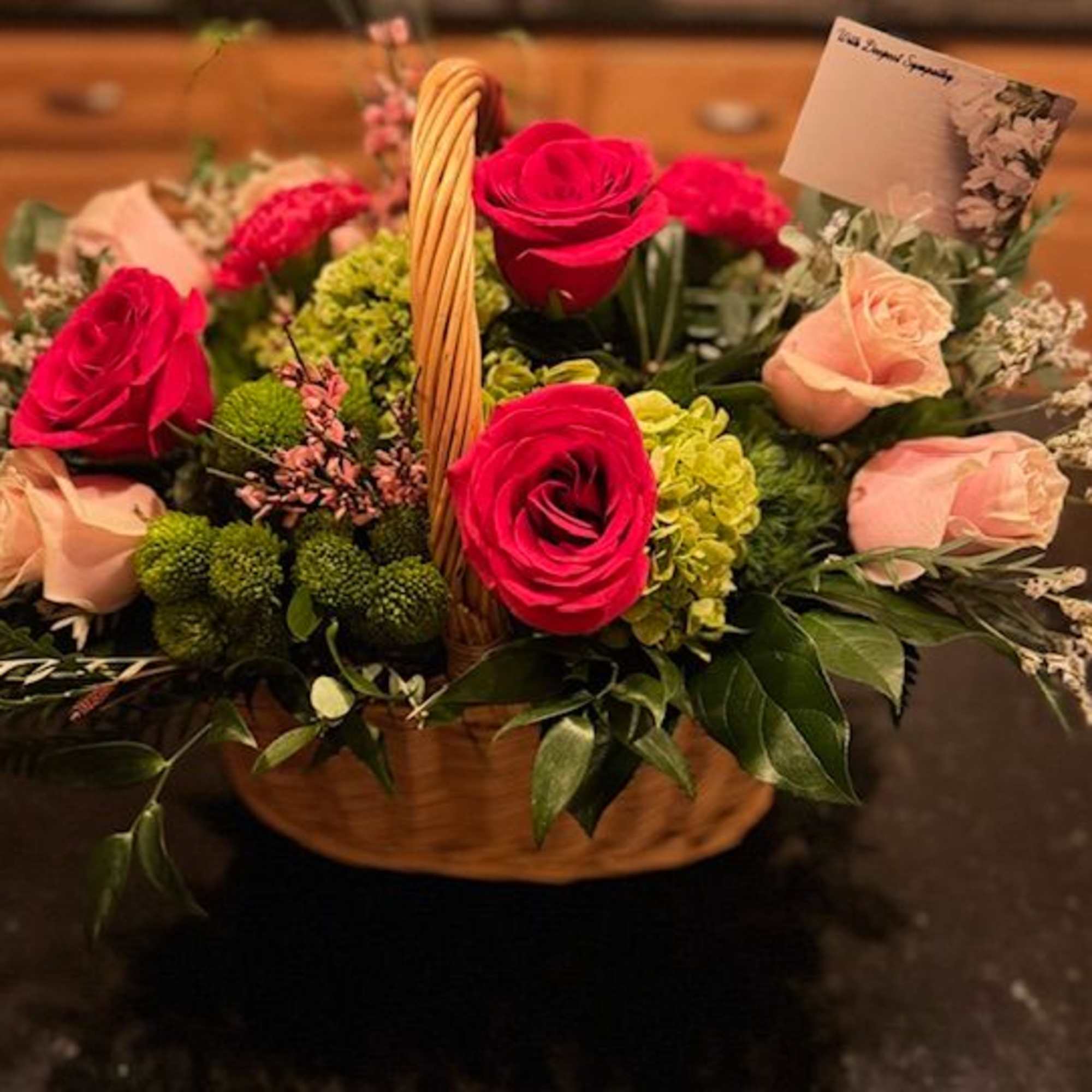 Beautiful hot pink Roses, Pale Pink Mondial Roses, Green Hydrangea, mini mums Beautiful hot pink Roses, Pale Pink Mondial Roses, Green Hydrangea, mini mums