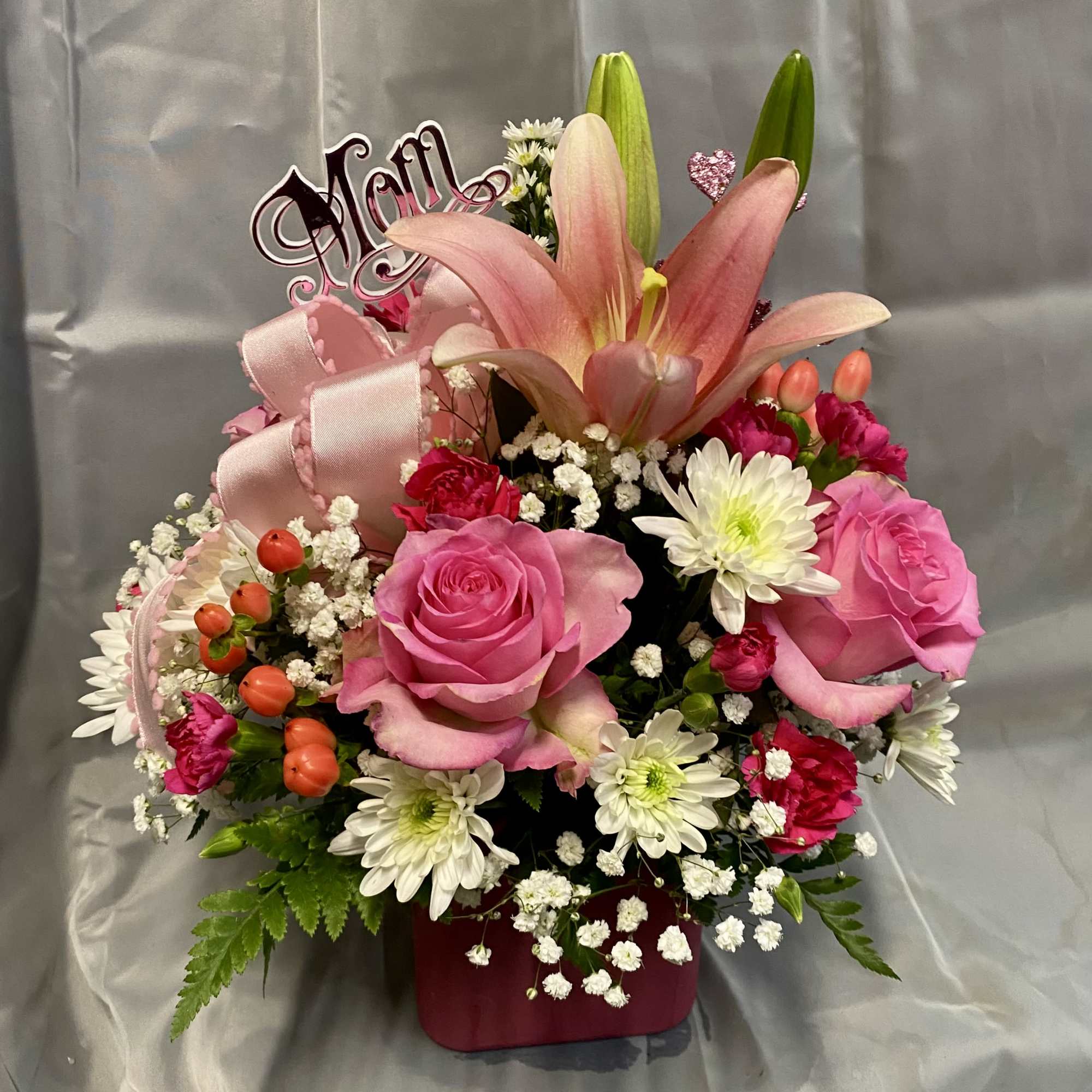 Spring mixture with pink roses and pastel tones.   