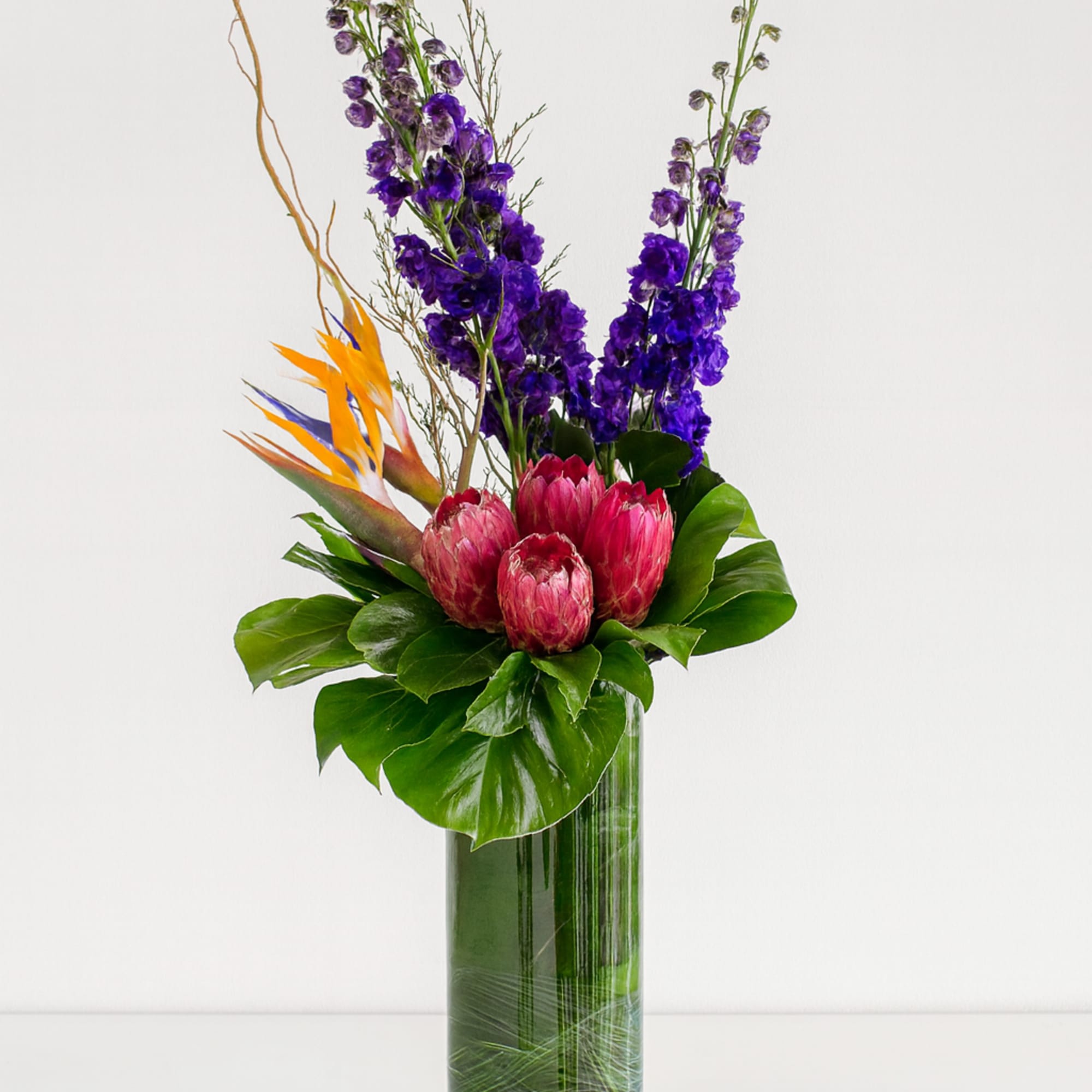 This arrangement features tropical floral, including bird of paradise, pincushion or proteas This arrangement features tropical floral, including bird of paradise, pincushion or proteas