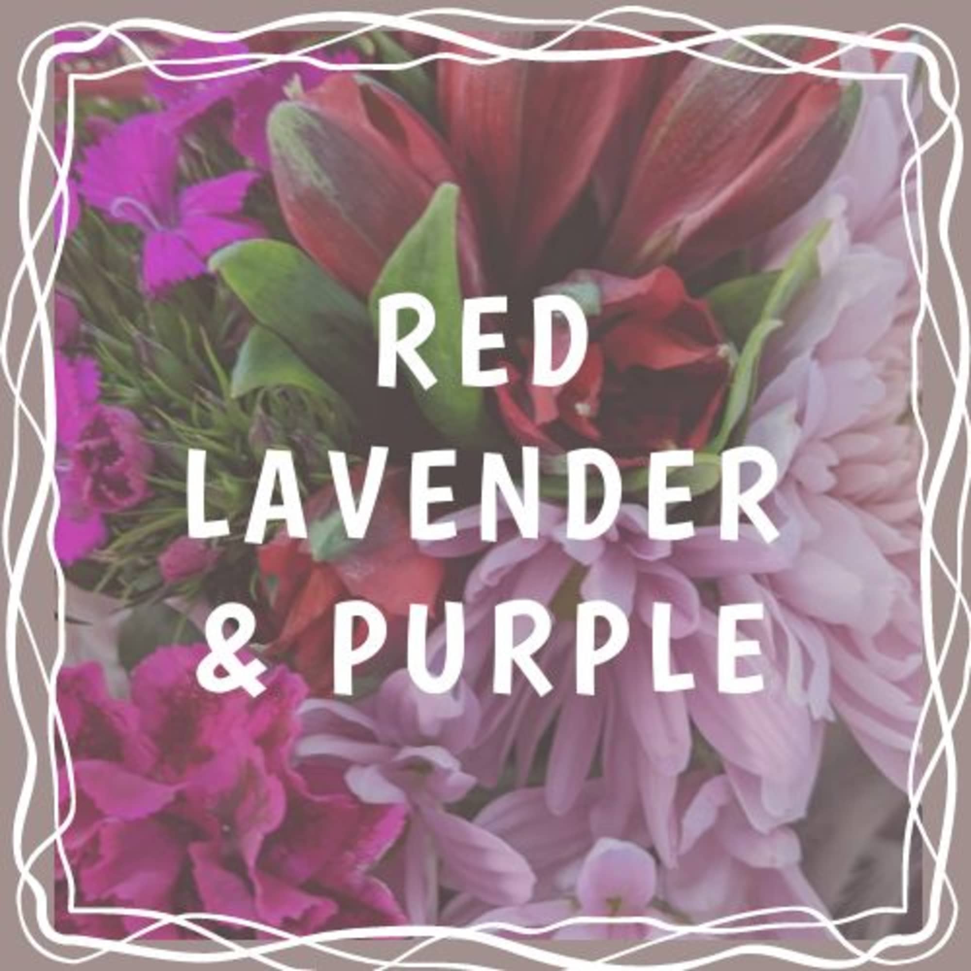 This enchanting arrangement of lavenders, reds, and purples offers a harmonious blend