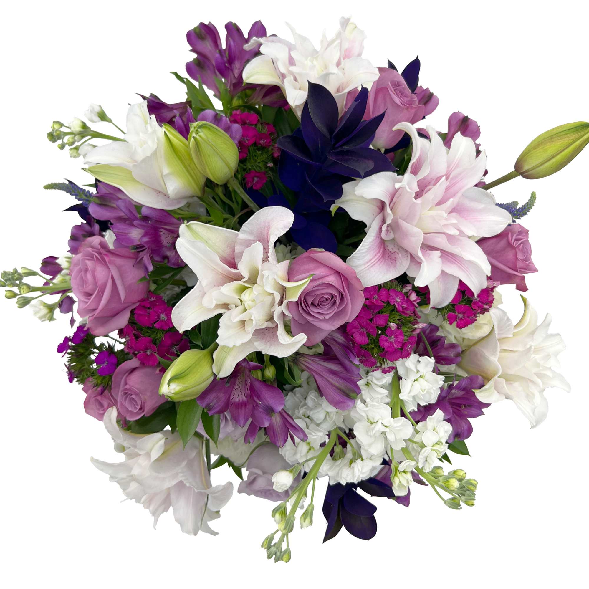 Enjoy getting lost in this arrangement of lavender roses, deep purple ruscus