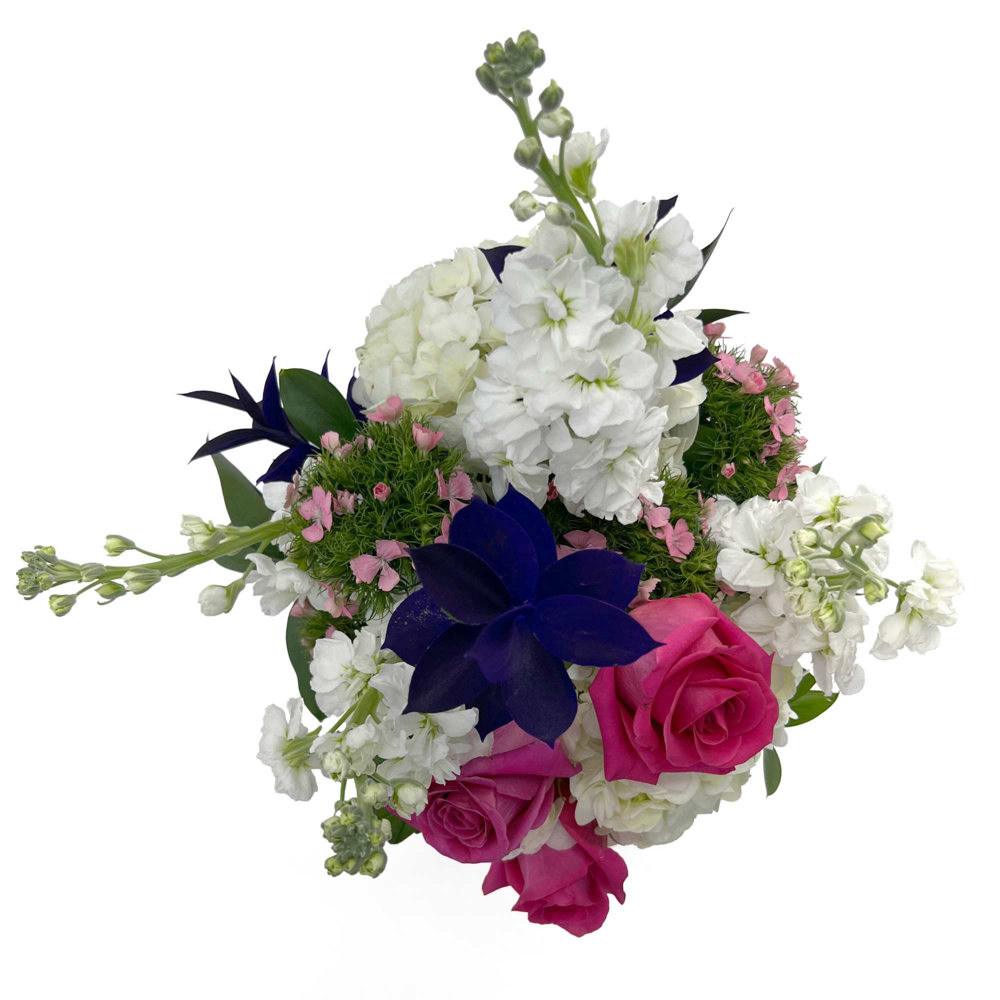 Highlights two shades of pink with roses and dianthus, accented by deep