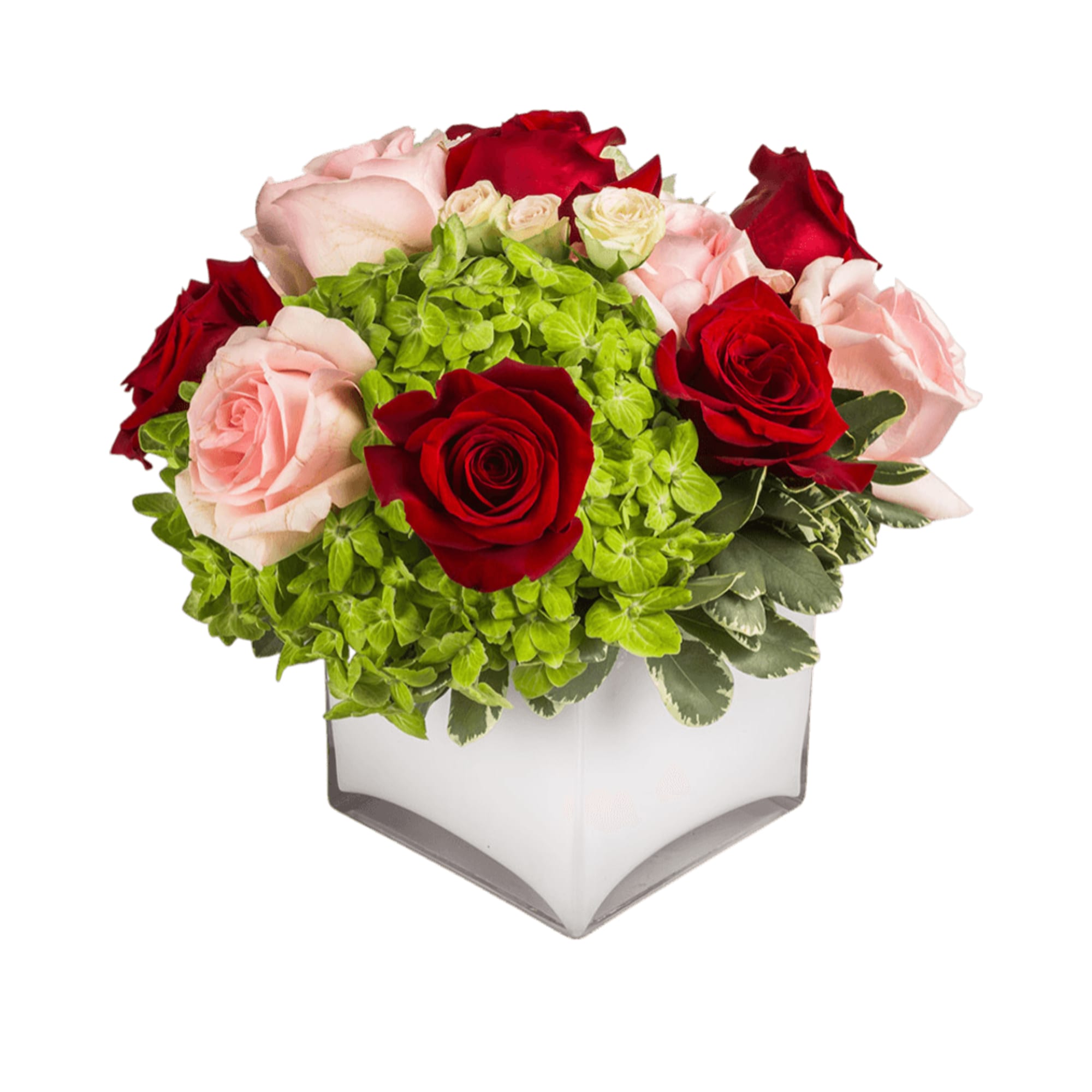 This arrangement includes blush pink roses, red roses, blush spray roses, white