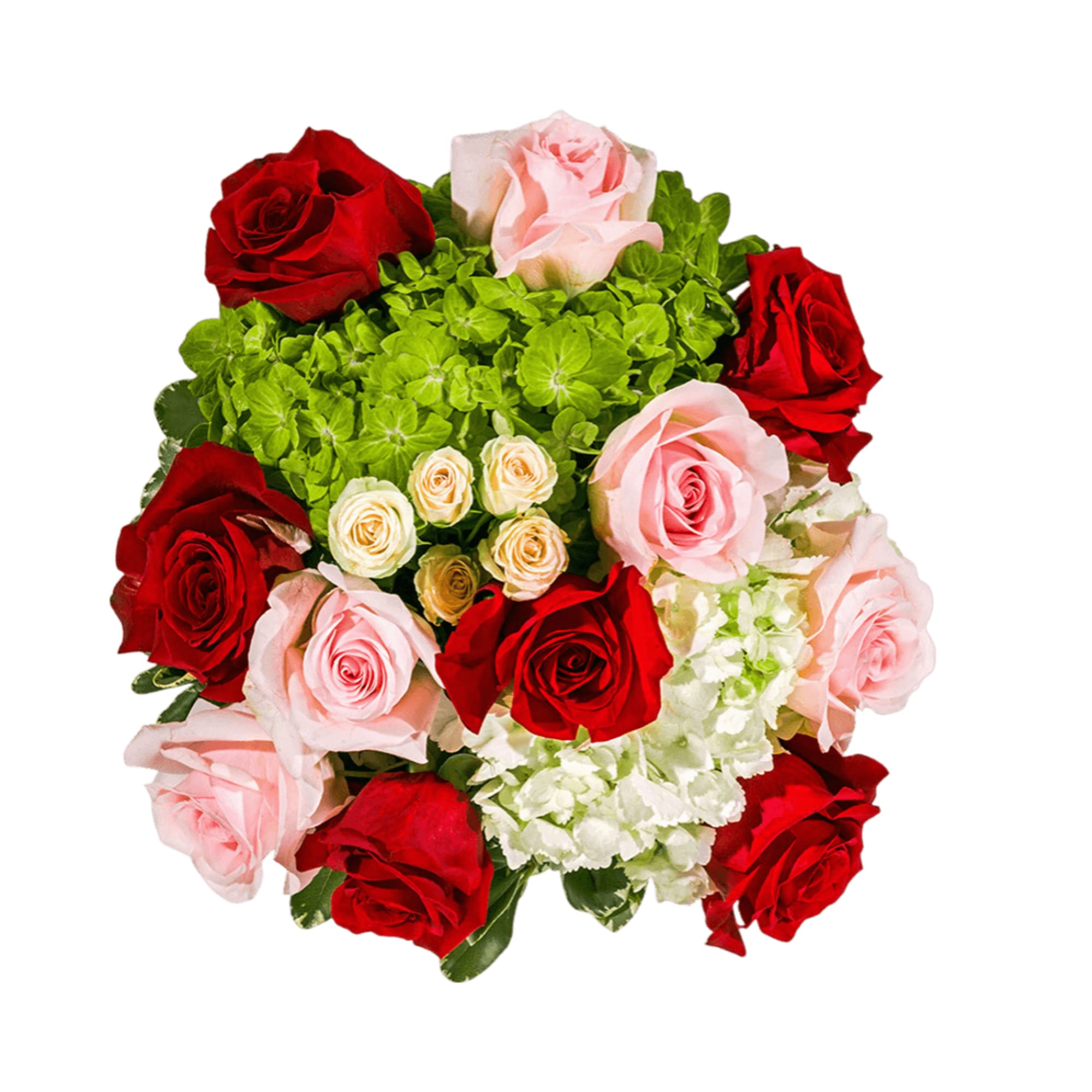 This arrangement includes blush pink roses, red roses, blush spray roses, white