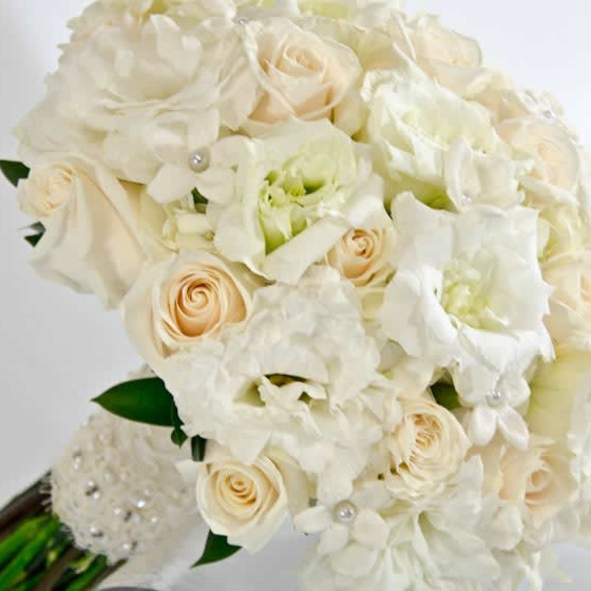 A classic bouquet of cream roses, white hydrangeas, white lisianthus, and stephanotis