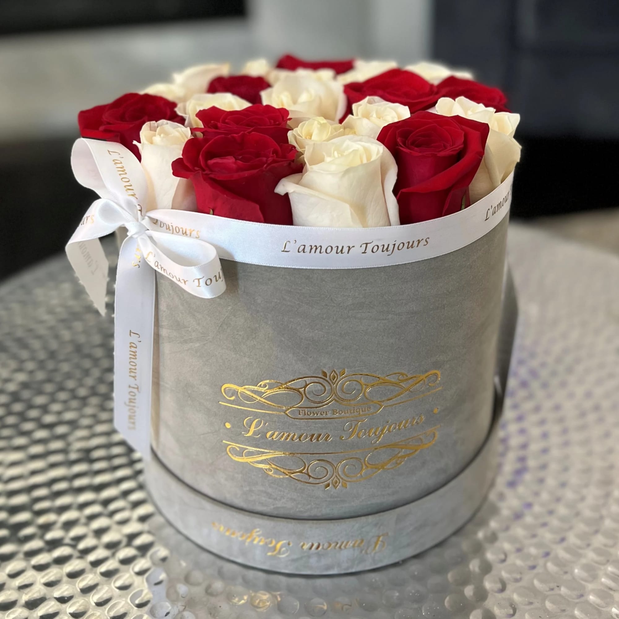 25 Premium fresh cut roses in our grey velvet signature box