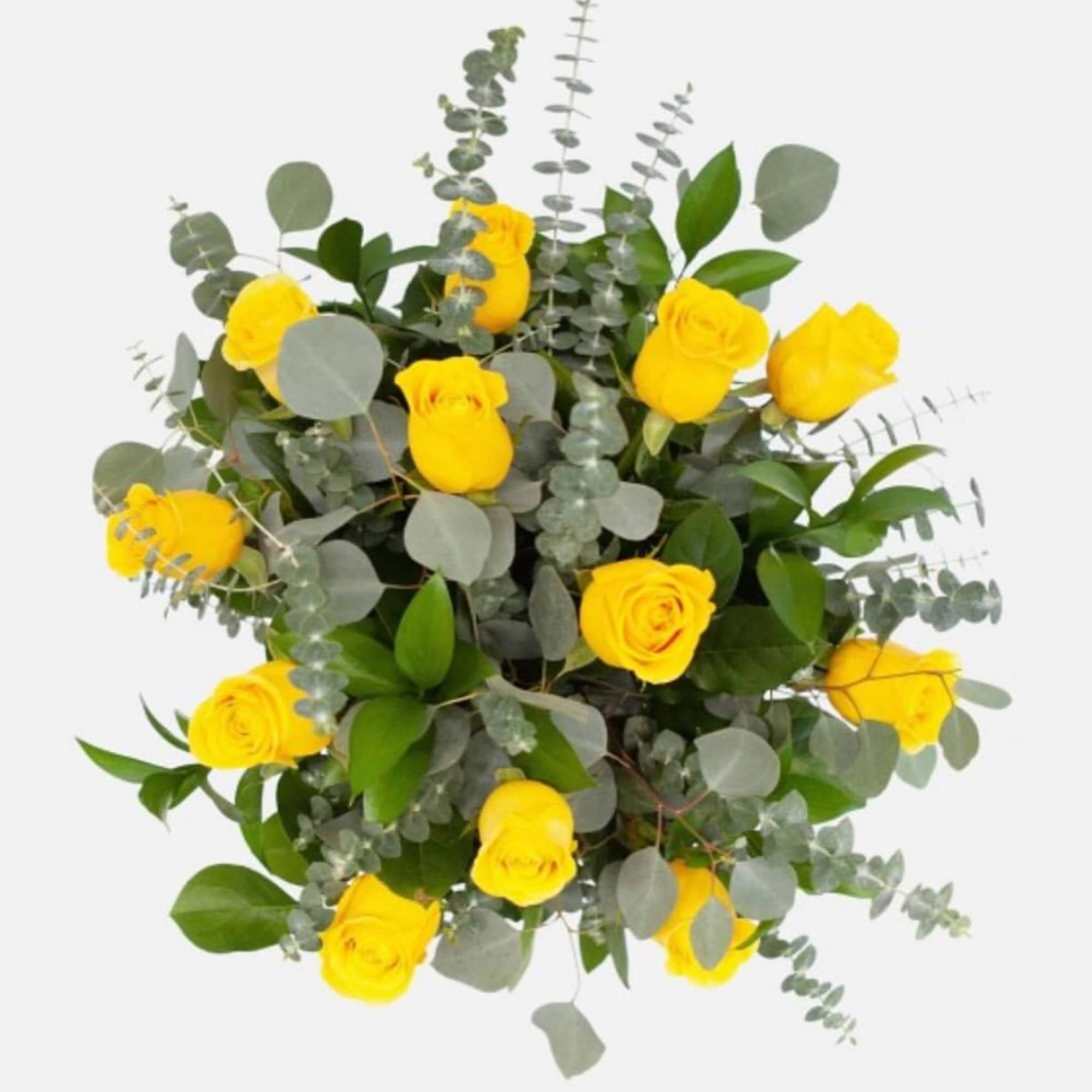dozen Yellow rose in a vase with eucalyptus 