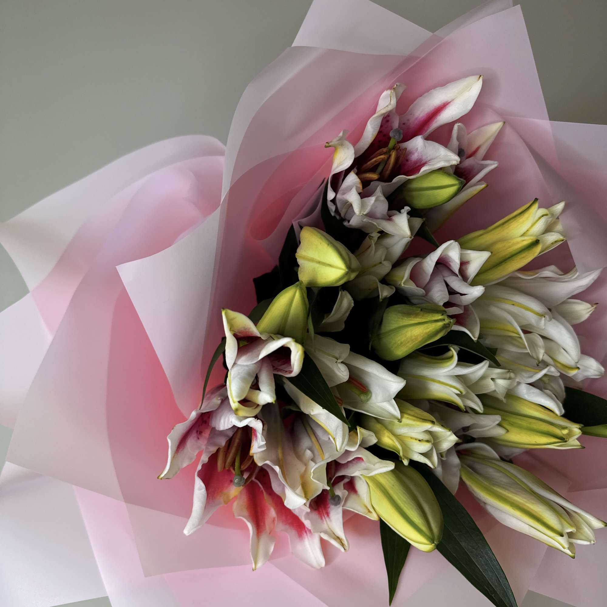A stunning arrangement of majestic, fragrant oriental lilies, elegantly wrapped in delicate