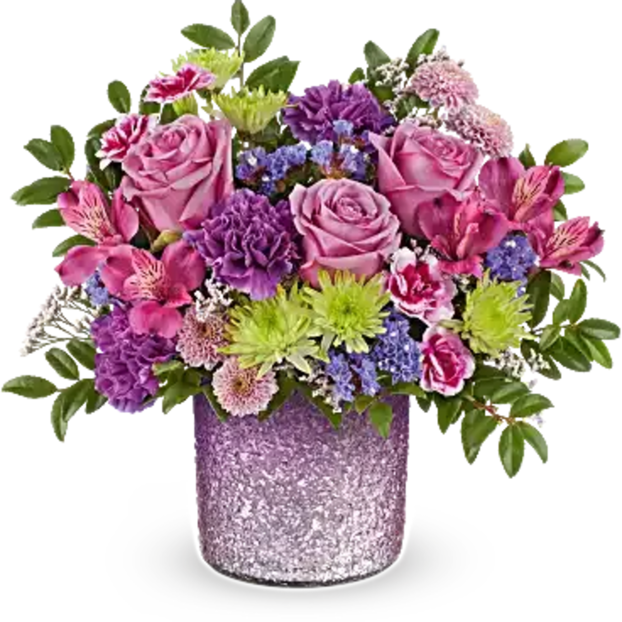 Jewel Garden Bouquet features lavender roses, purple alstroemeria, purple carnations, variegated purple Jewel Garden Bouquet features lavender roses, purple alstroemeria, purple carnations, variegated purple