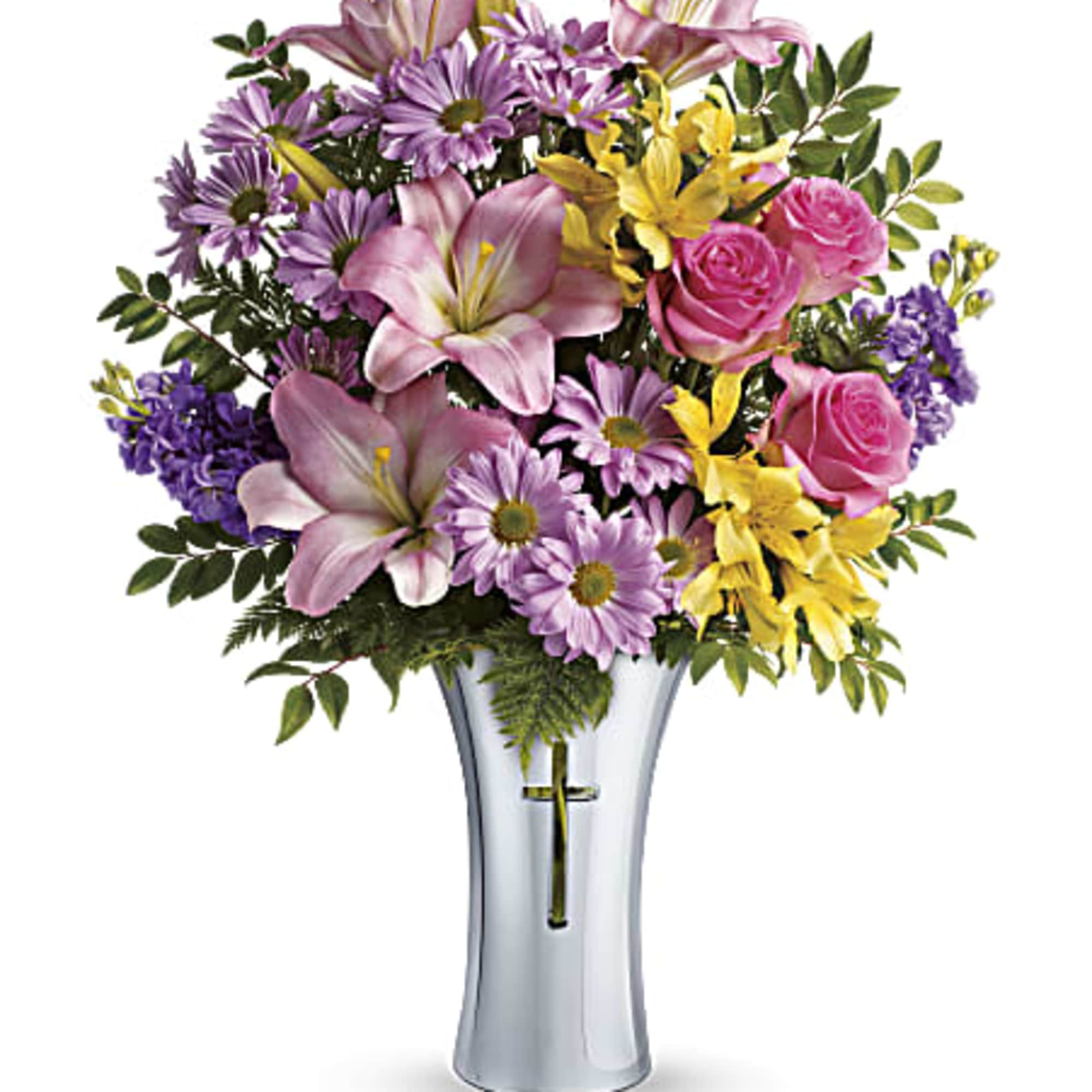 Gracefully presented in a shining, silver-finished ceramic vase with cross cut-out, this