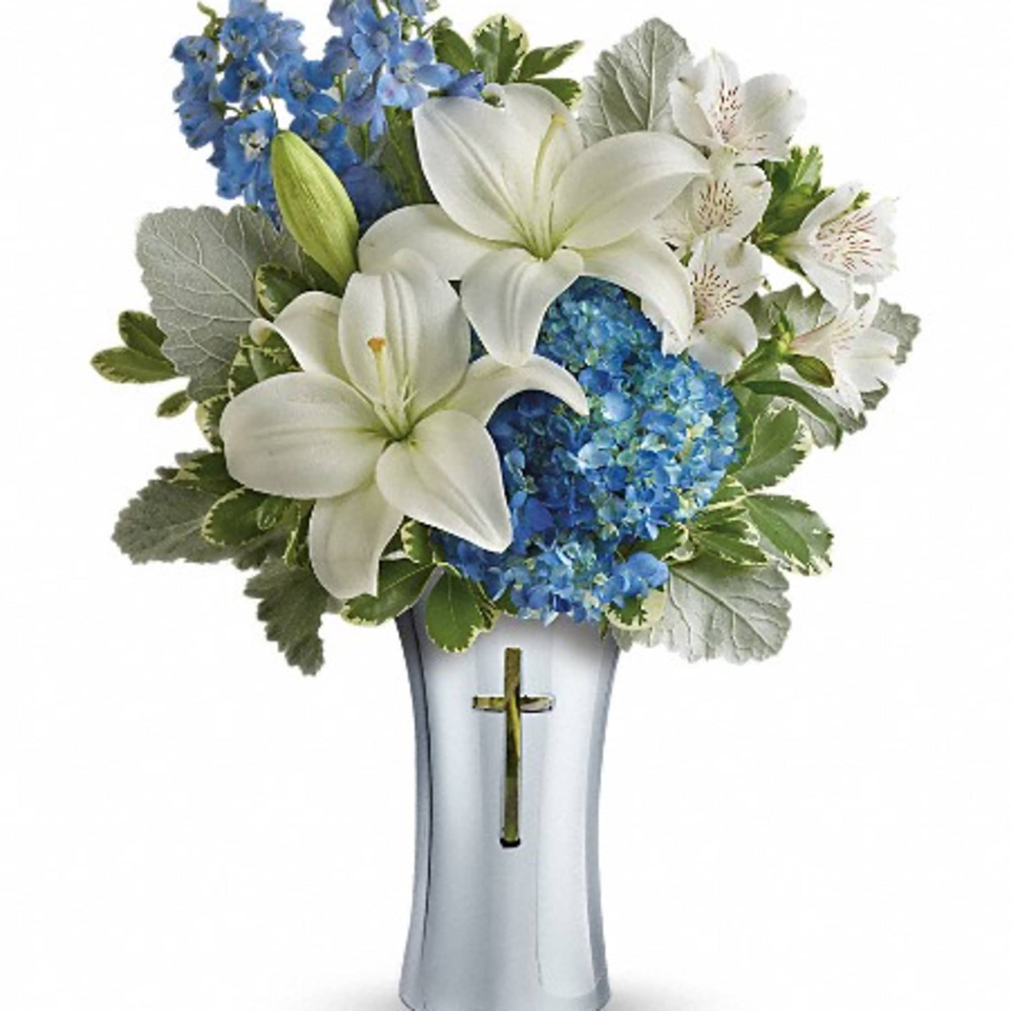 This beautiful arrangement of soft blue hydrangea and fragrant white lilies is