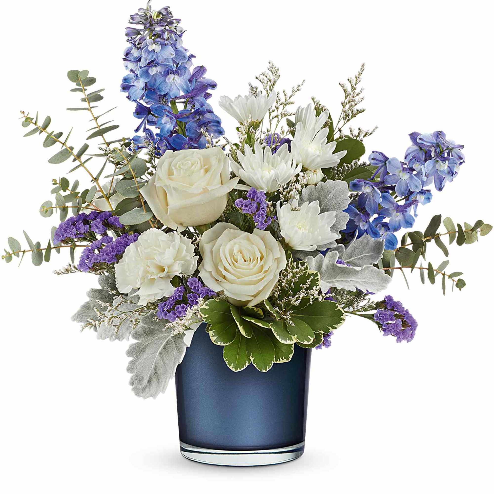 Tranquil blues! This lovely cr&egrave;me rose bouquet resembles fluffy white clouds against