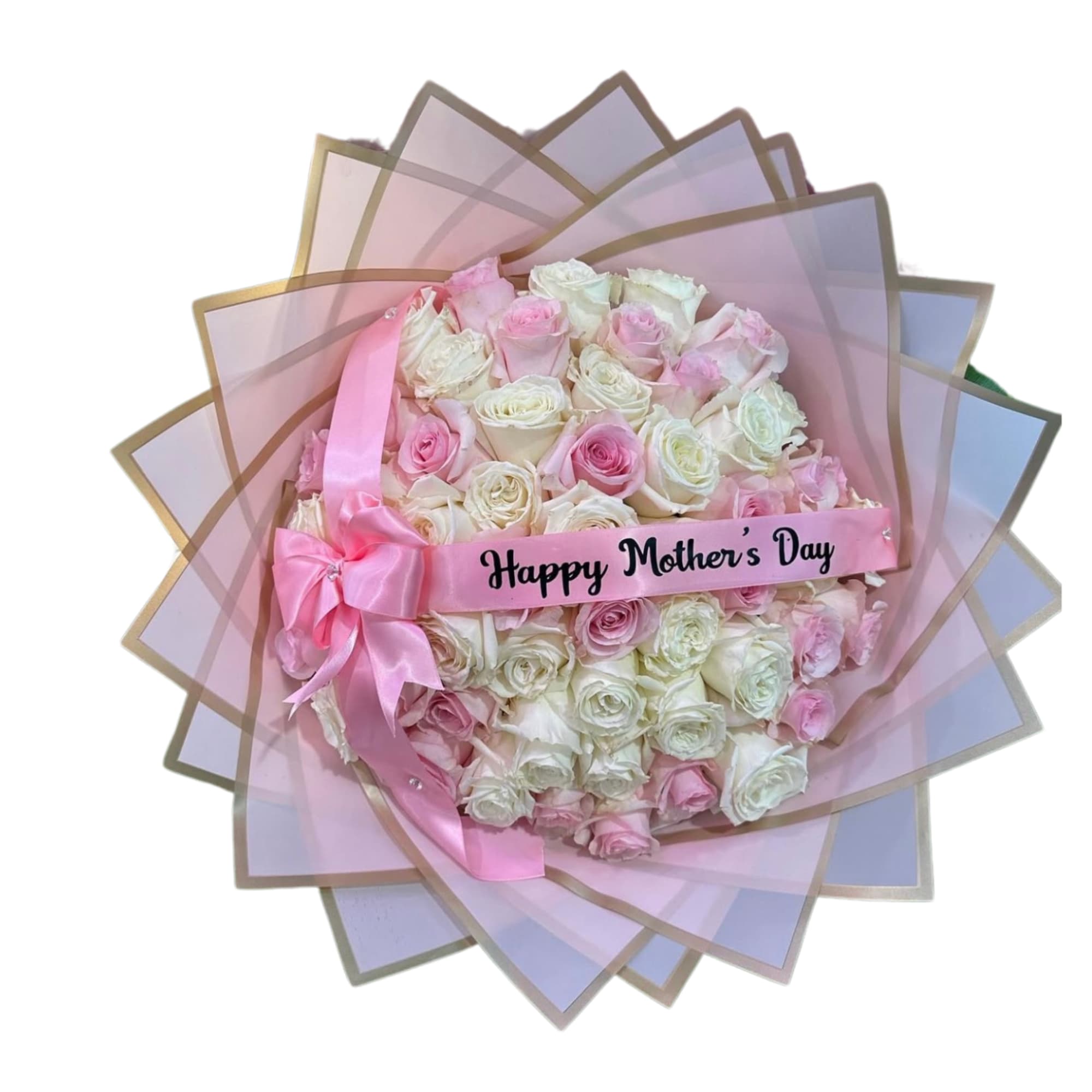 25 light pink roses and 25 white roses wrapped in Korean paper