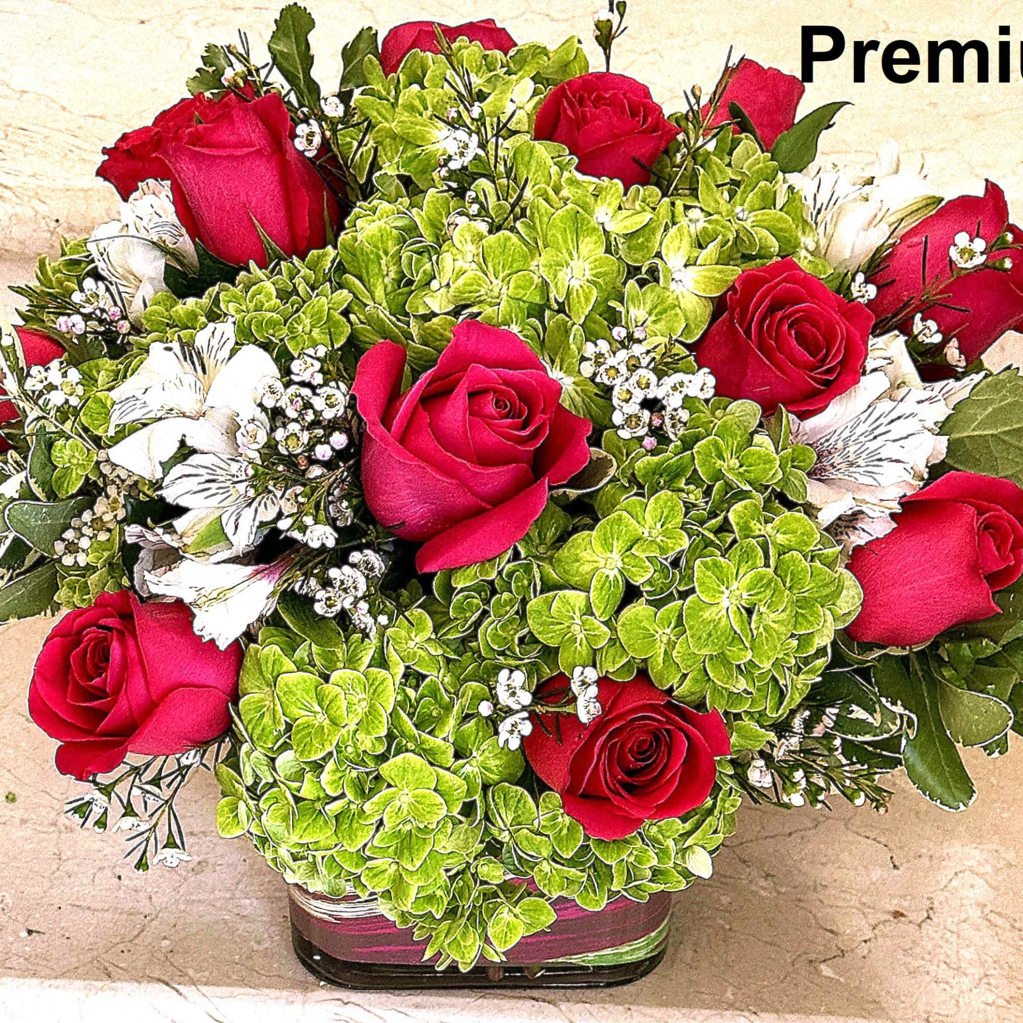 Hot Pink Roses with Green Hydrangeas arranged in a 6 X 6