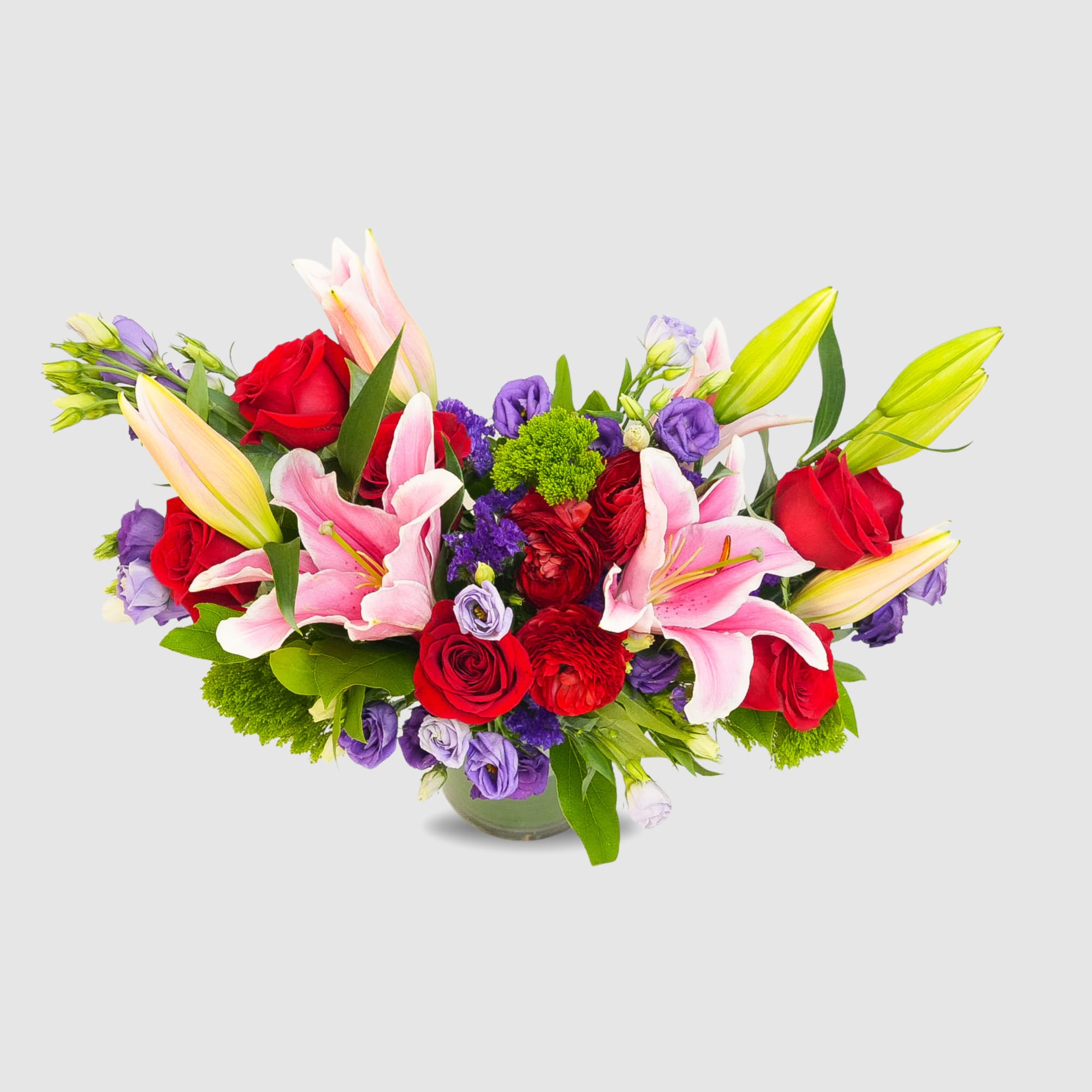 Arrangement contains : lily, Lisianthus, Cymbidium Orchid, Ranunculus, roses, Statice