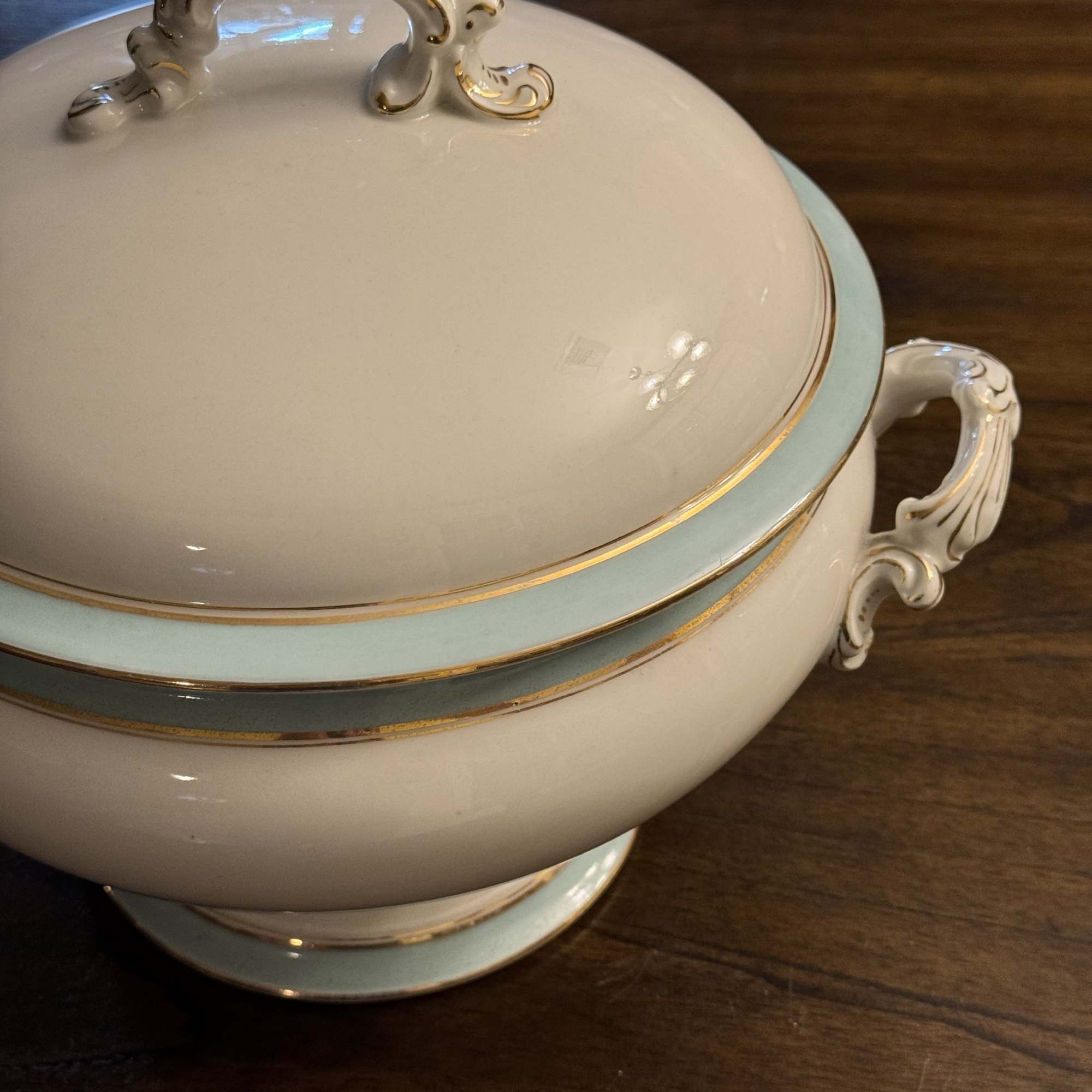 Beautiful French Antique Limoges Porcelain Tureen with lovely teal & gold accents. Beautiful French Antique Limoges Porcelain Tureen with lovely teal & gold accents.