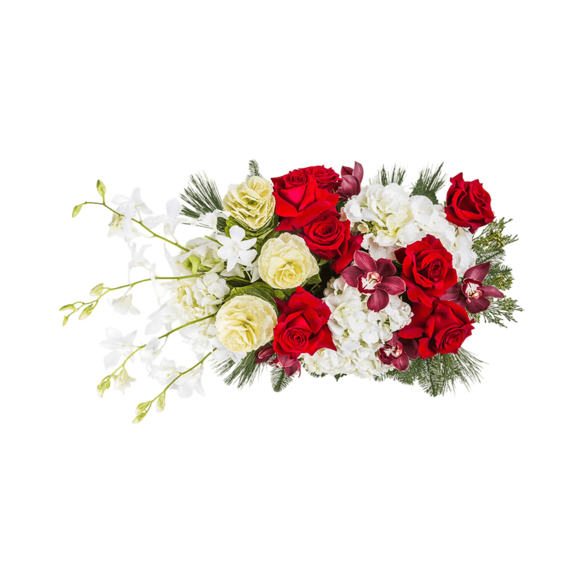 A box of deep hued blooms set along bright whites. Containers vary