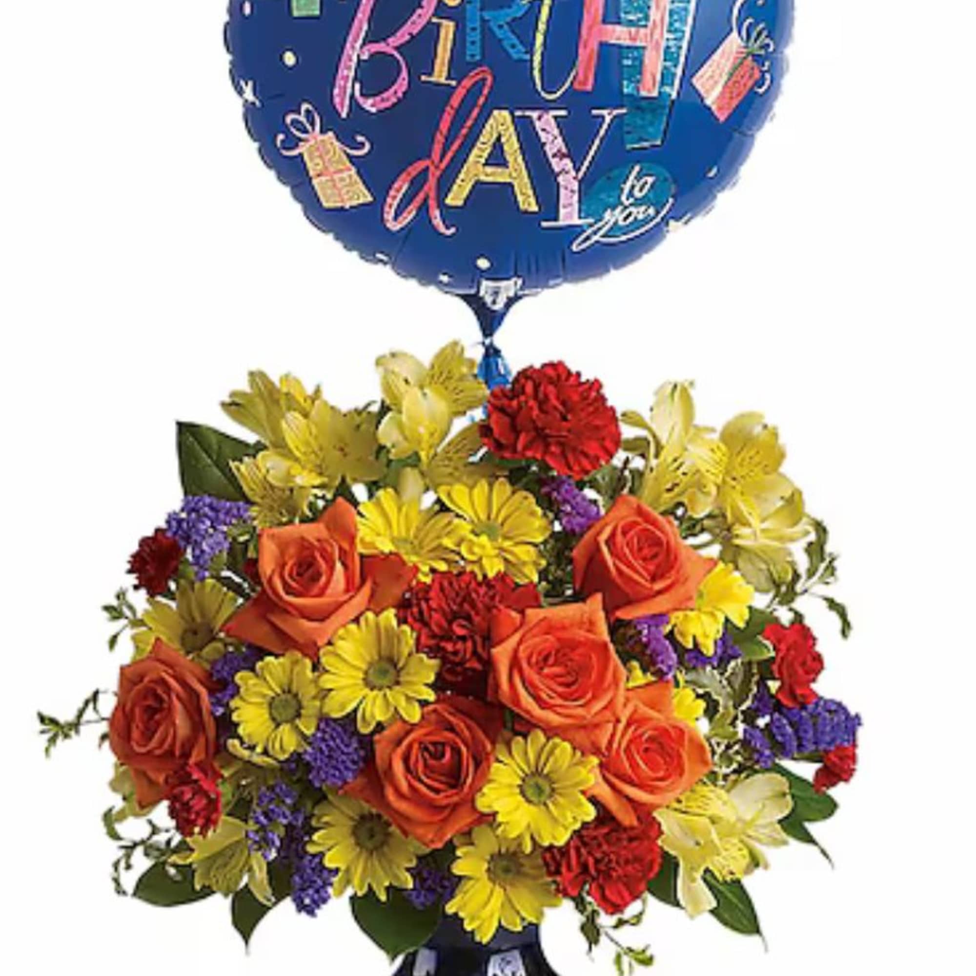Lift the birthday spirits with this wonderfully lively birthday bouquet and balloon.