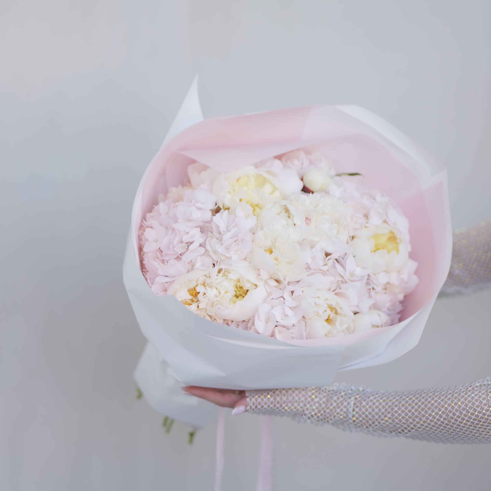 A delicate arrangement of white peonies, paired with light pink hydrangeas and A delicate arrangement of white peonies, paired with light pink hydrangeas and