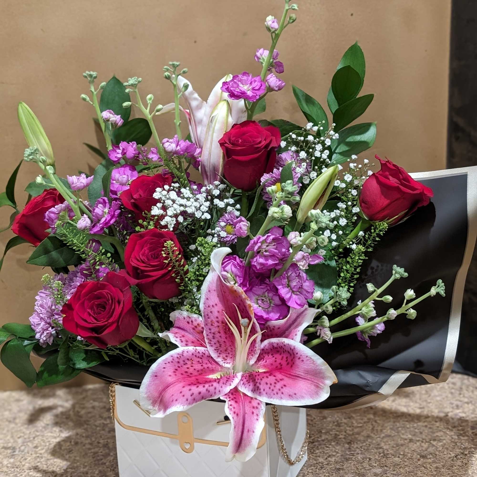 We are happy to offer  a beautiful arrangement with fresh, hand-picked