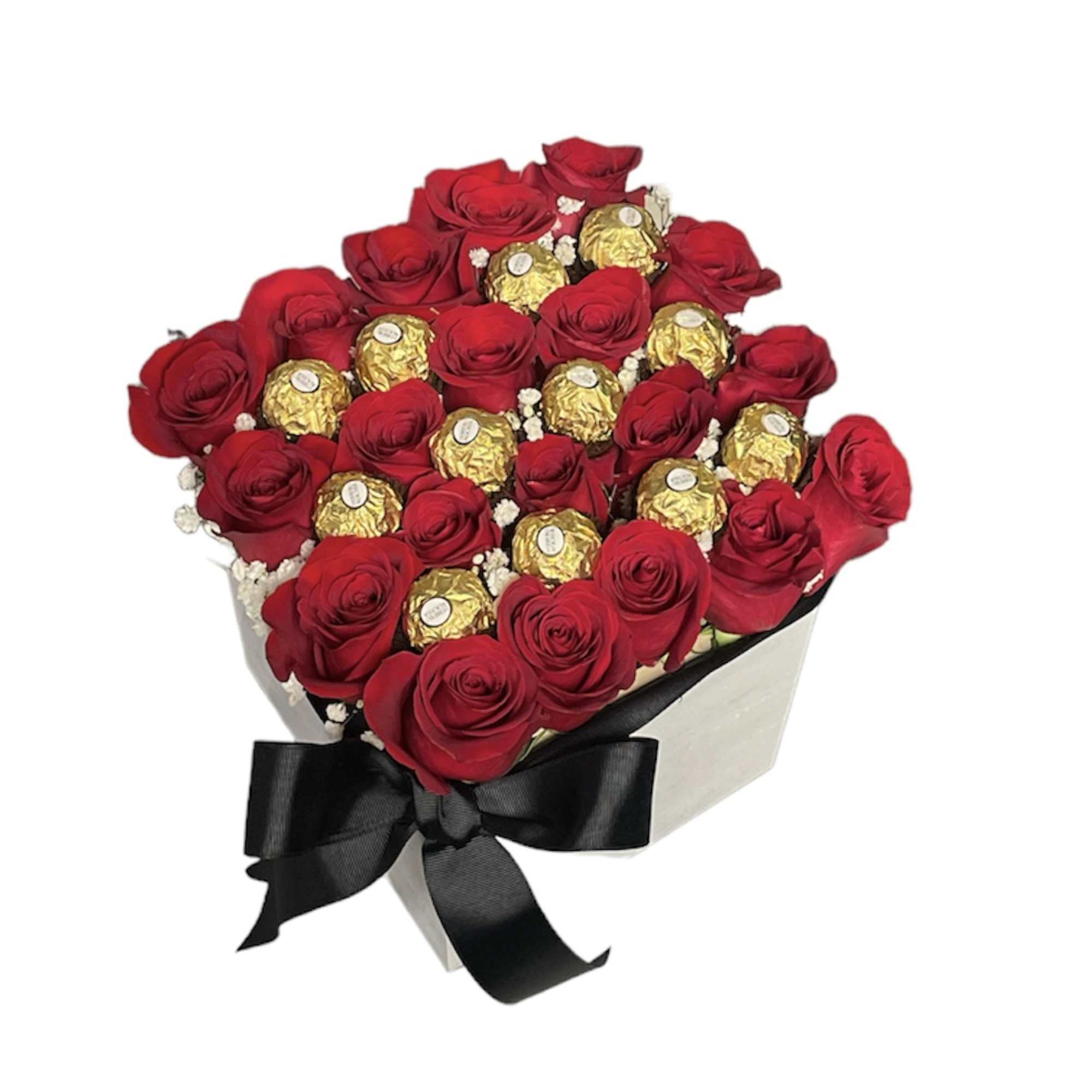 This Beautiful arrangenmant elegant and simple with roses and chocolates is perfect