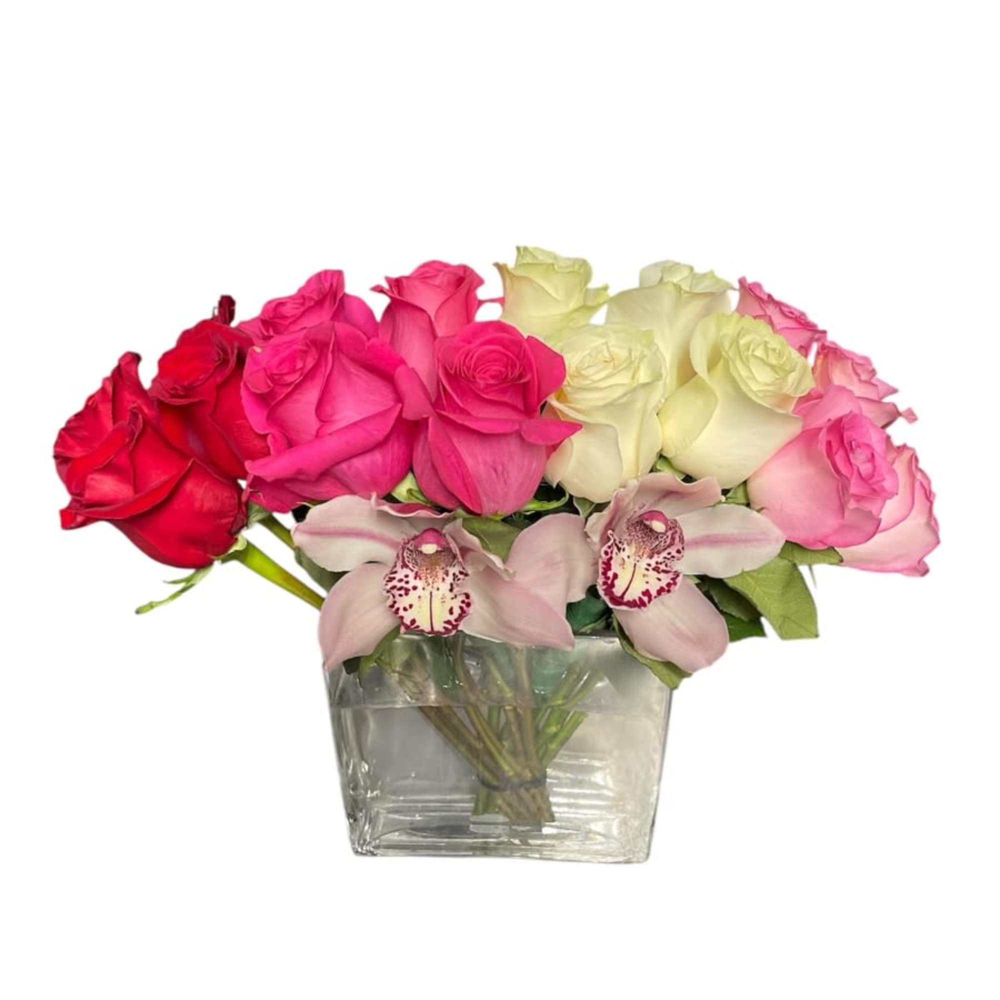 This floral arrangement is a stunning blend of romance and elegance, featuring
