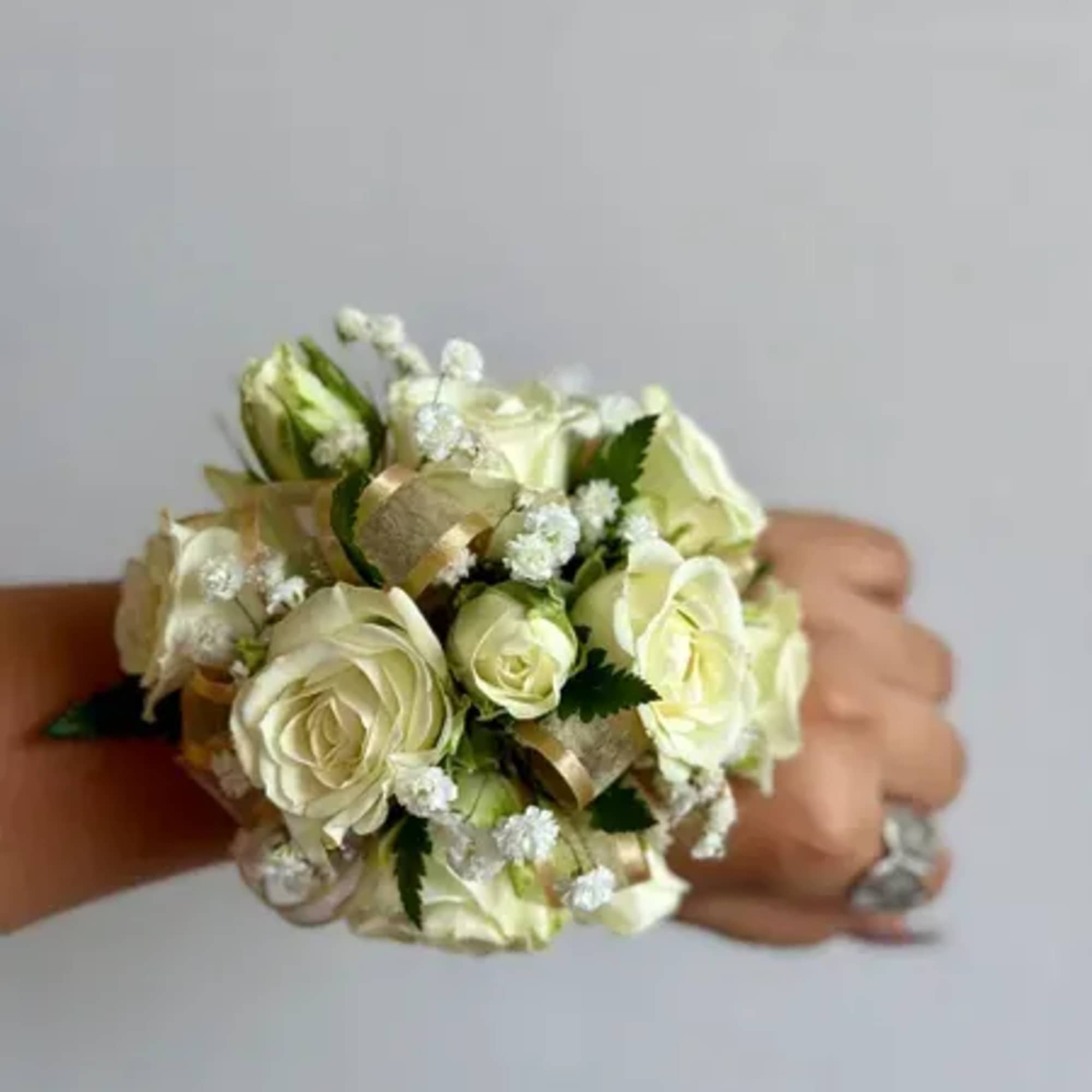 White Spray Roses, Baby&#039;s Breath organza ribbon and elastic white synthetic pearls