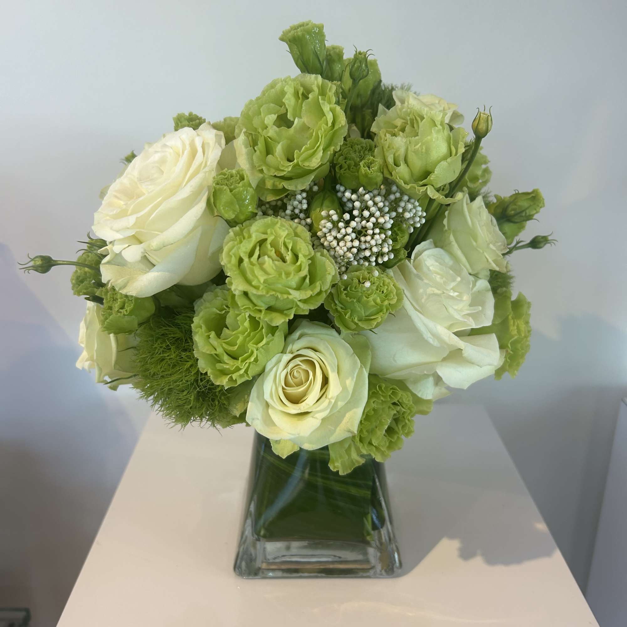  
Matcha green roses, green hydrangea, dianthus (trick everyones favorite fuzzy flower)